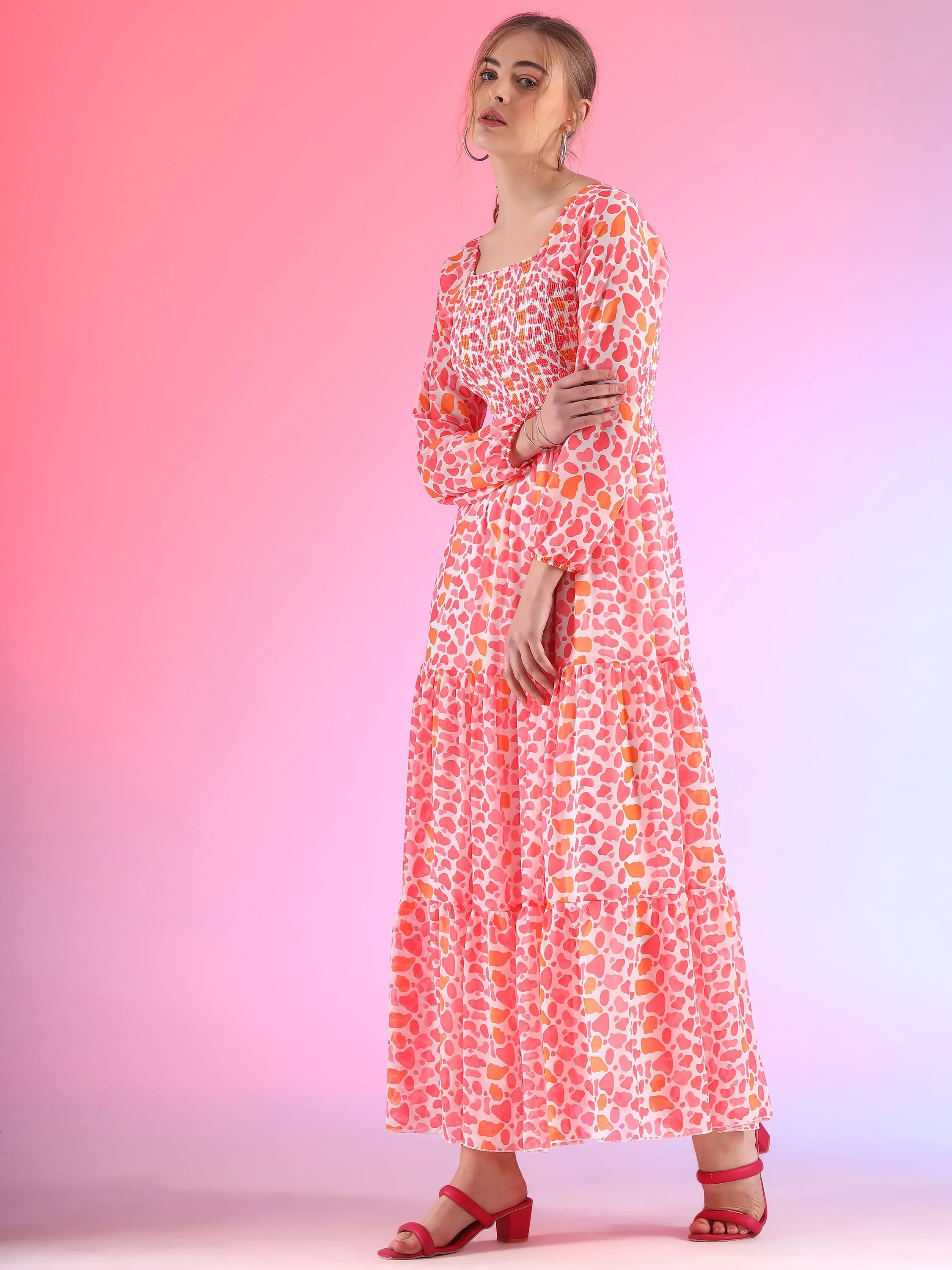 Elegant Floral Printed Georgette Fit and Flare Maxi Dress