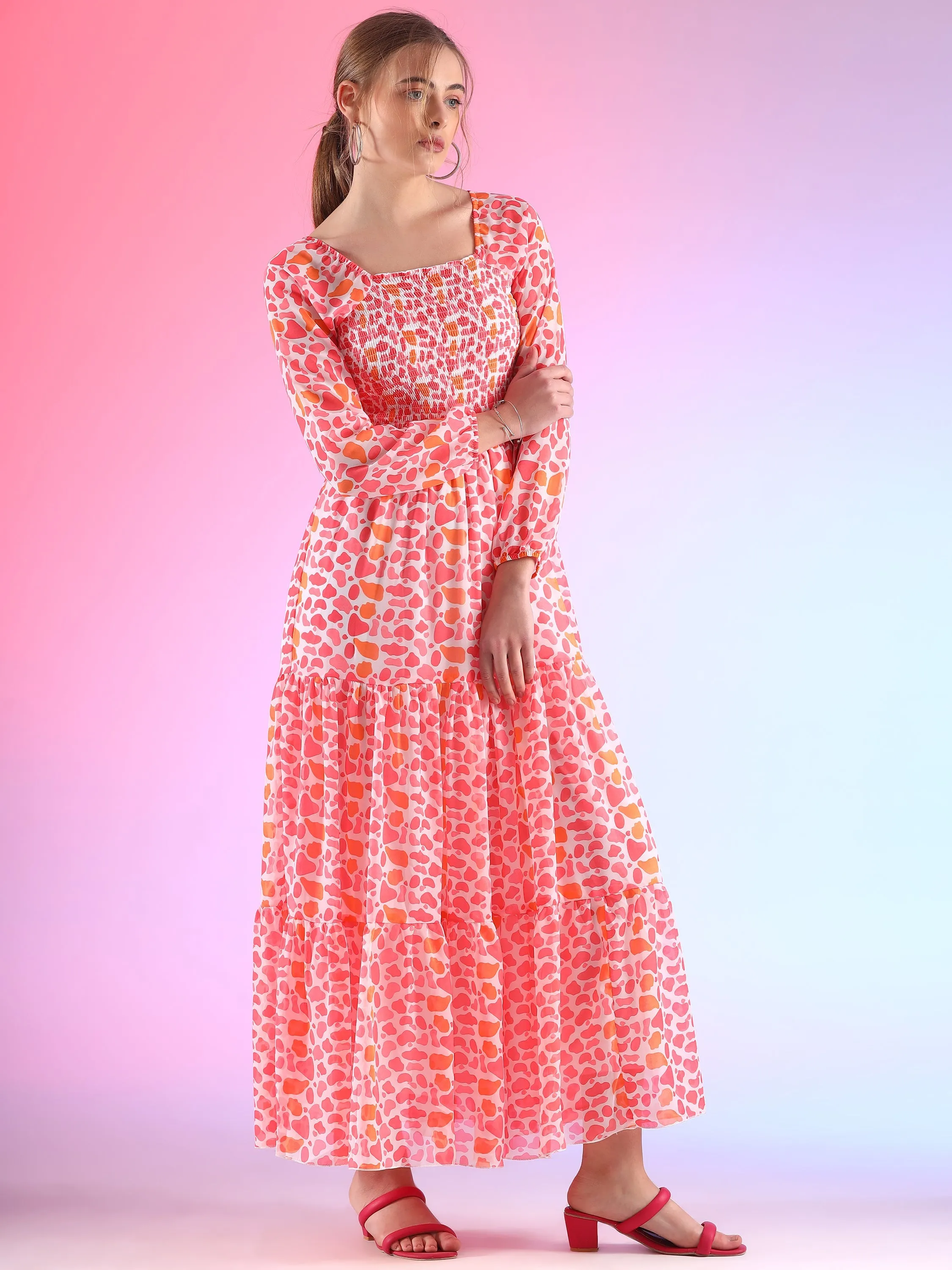 Elegant Floral Printed Georgette Fit and Flare Maxi Dress