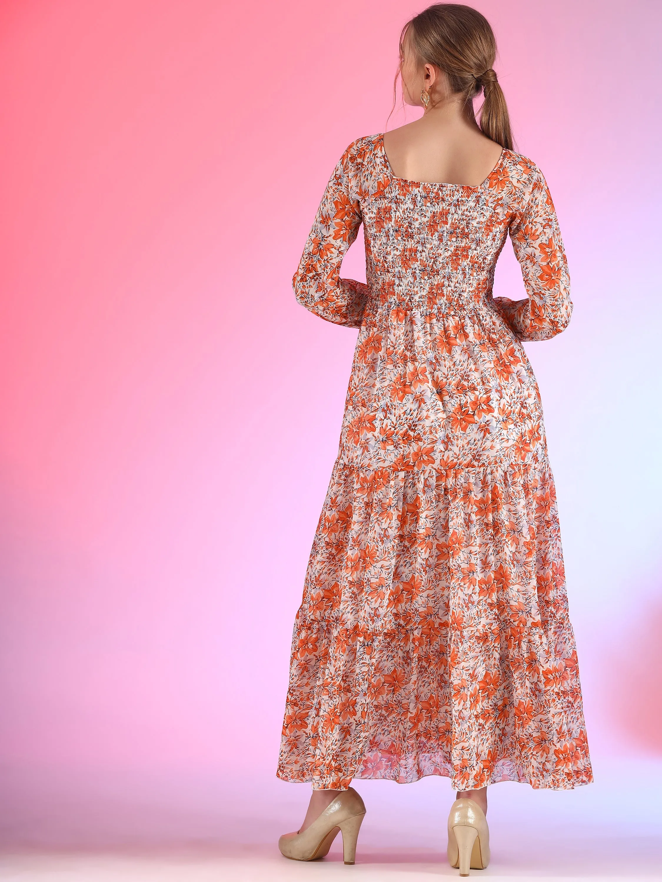 Elegant Floral Printed Georgette Fit and Flare Maxi Dress