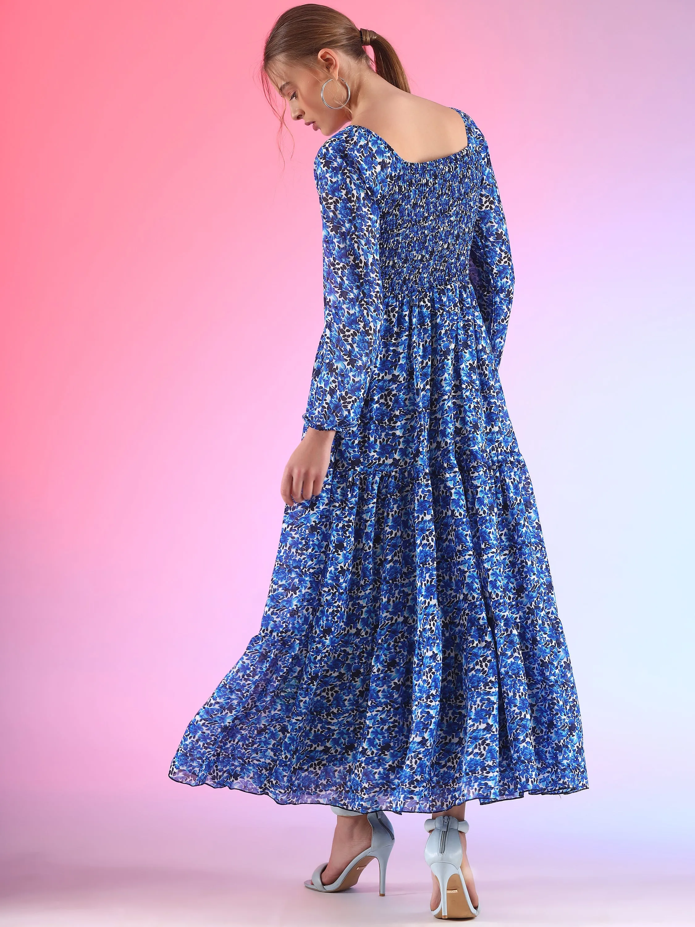 Elegant Floral Printed Georgette Fit and Flare Maxi Dress
