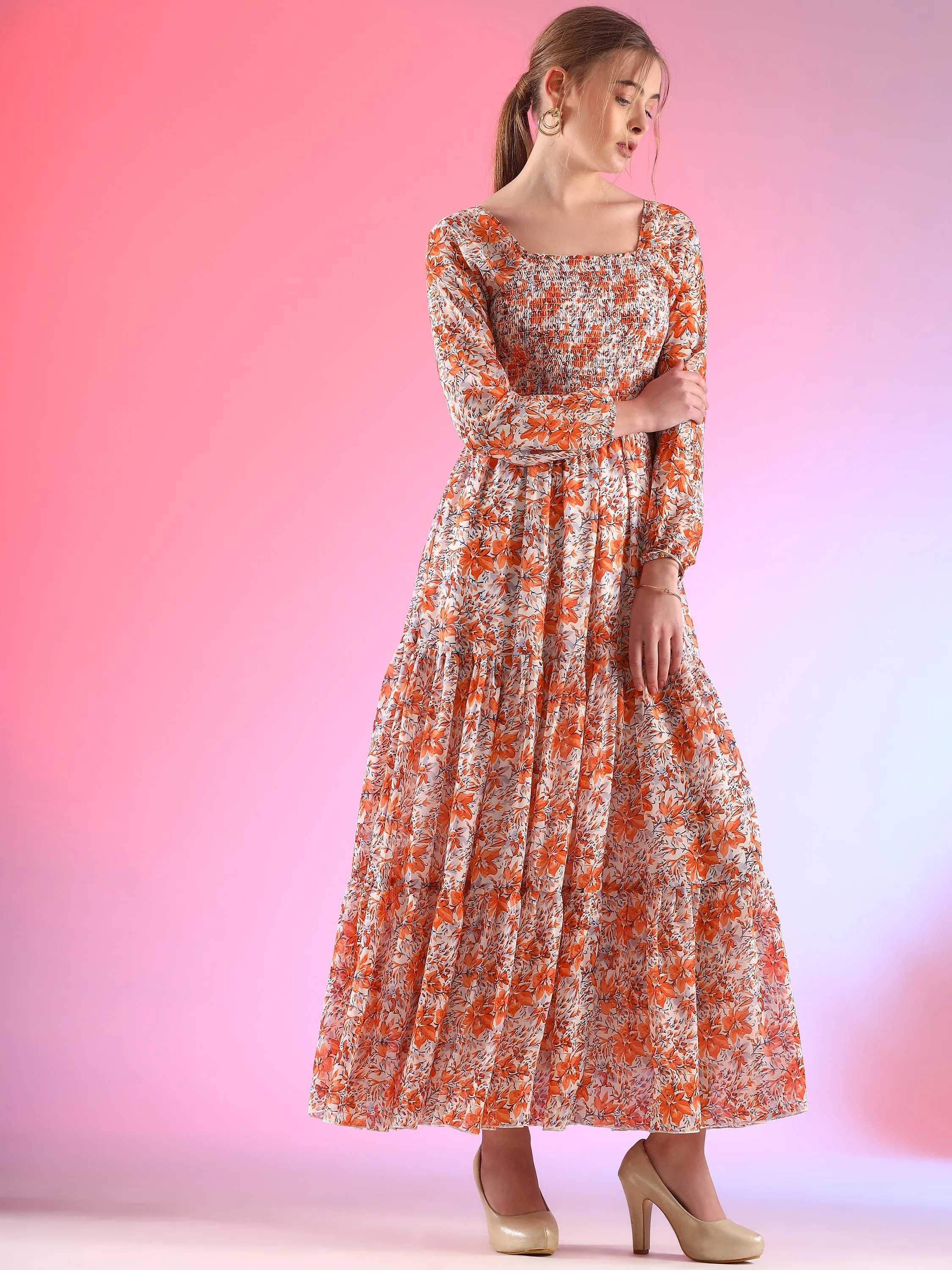 Elegant Floral Printed Georgette Fit and Flare Maxi Dress