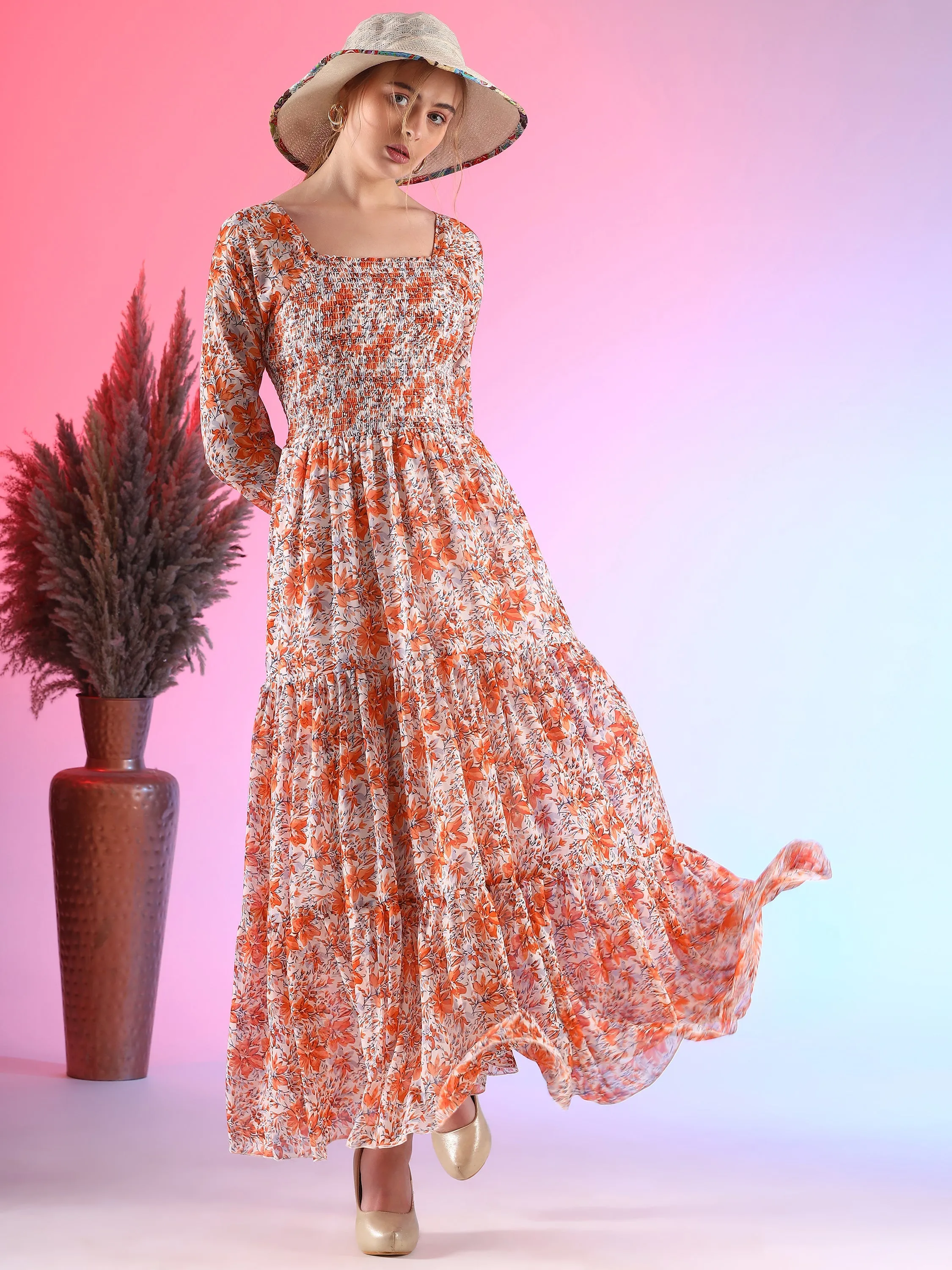 Elegant Floral Printed Georgette Fit and Flare Maxi Dress