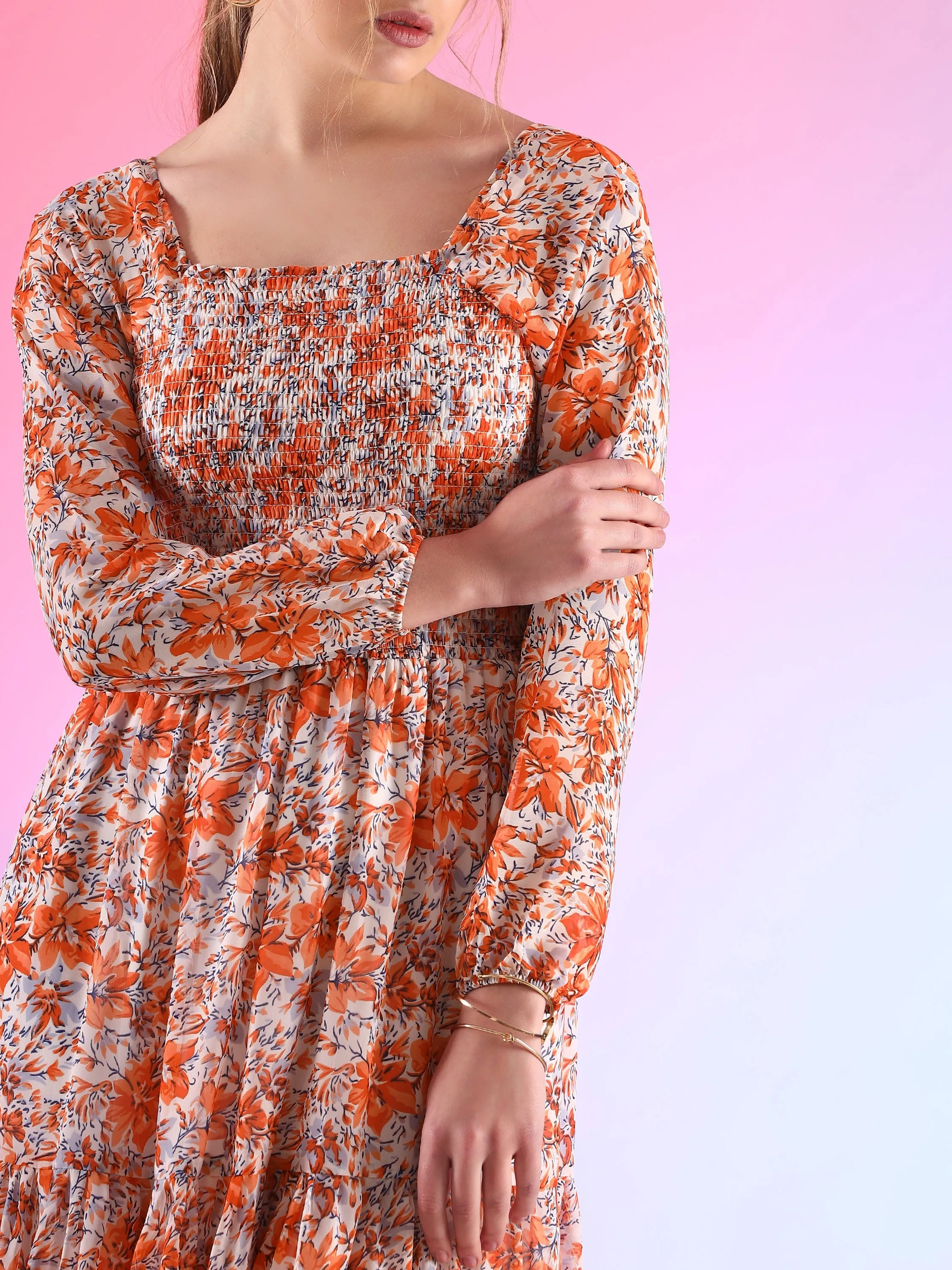 Elegant Floral Printed Georgette Fit and Flare Maxi Dress