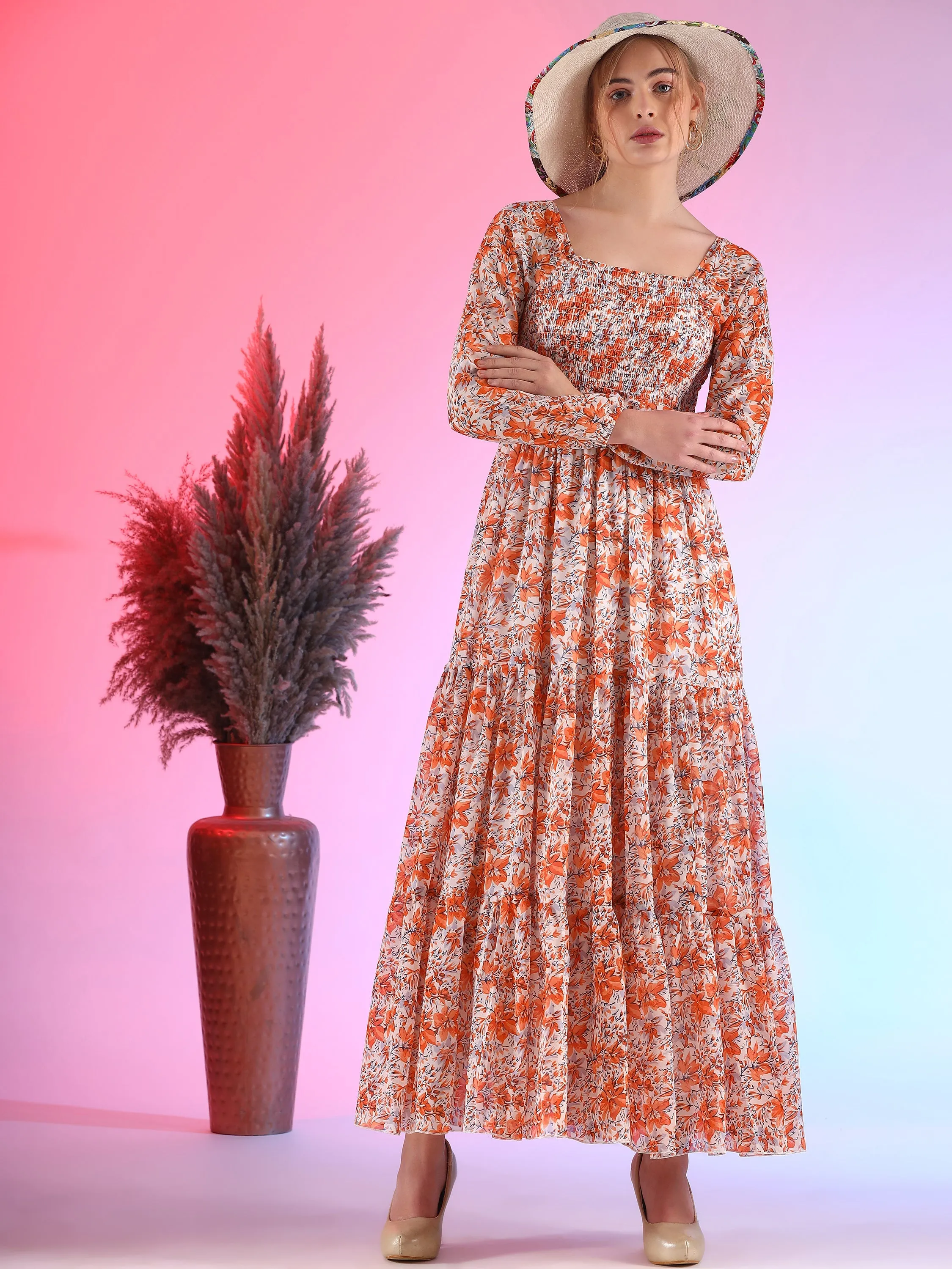 Elegant Floral Printed Georgette Fit and Flare Maxi Dress