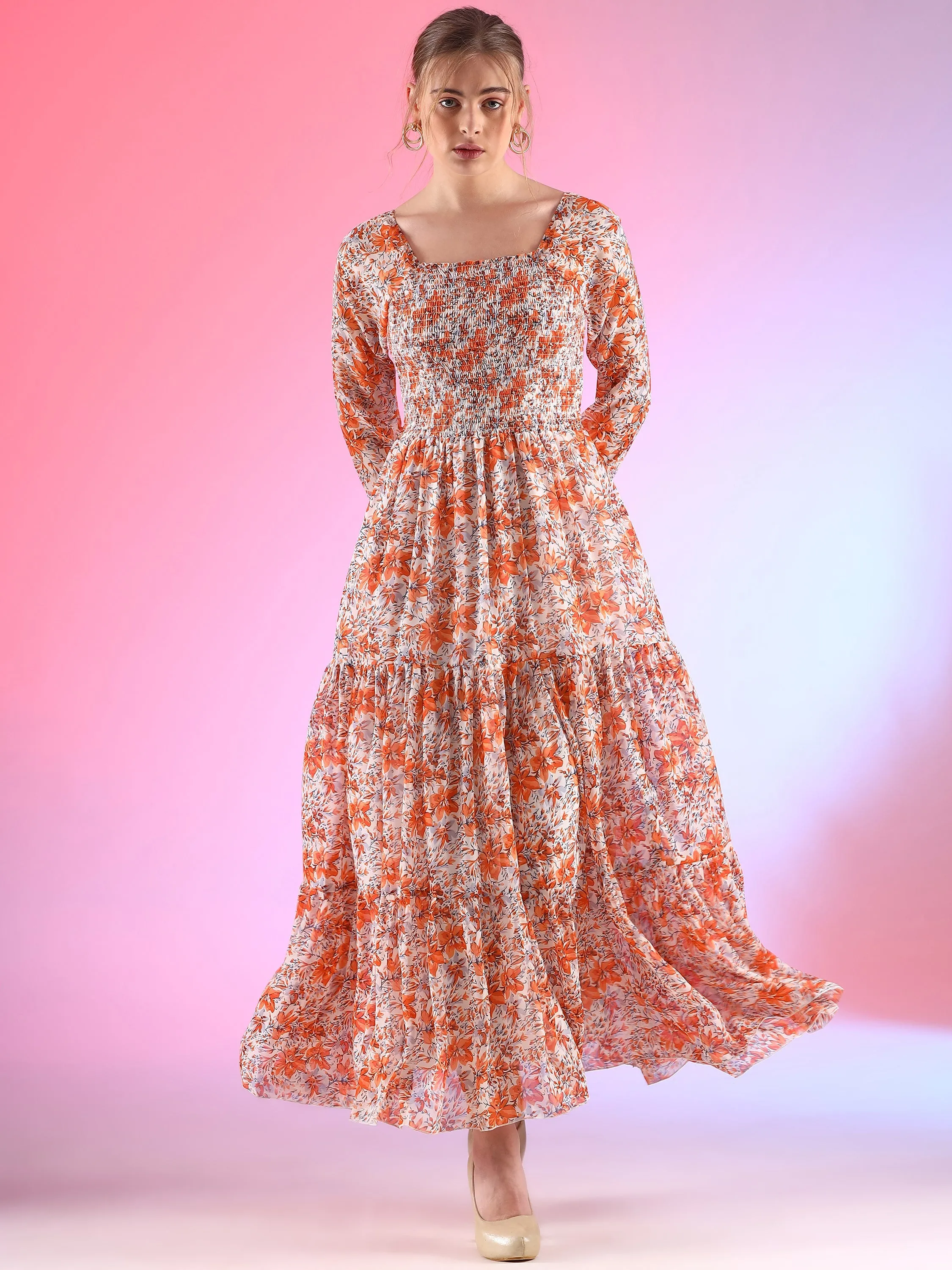 Elegant Floral Printed Georgette Fit and Flare Maxi Dress