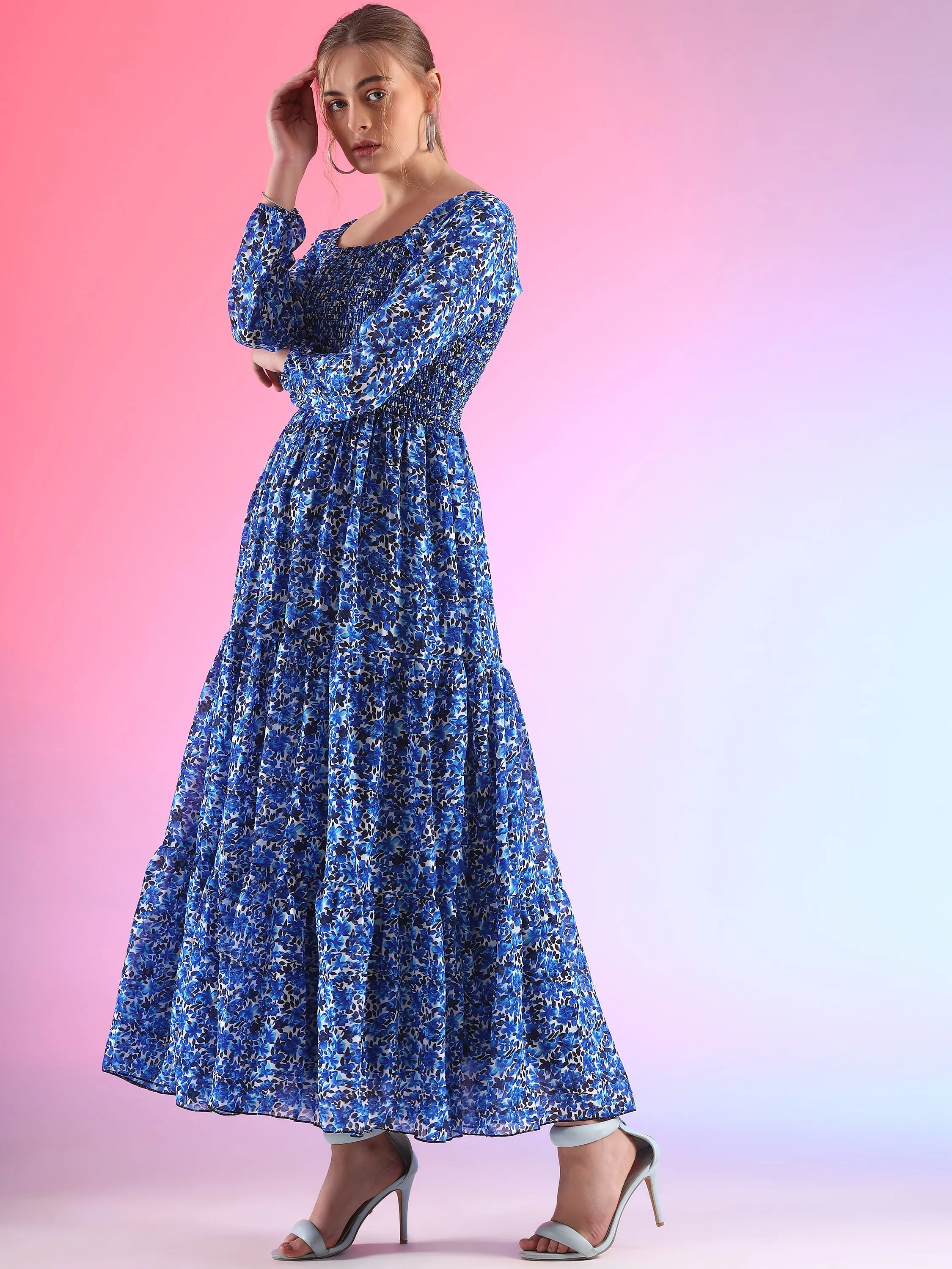 Elegant Floral Printed Georgette Fit and Flare Maxi Dress