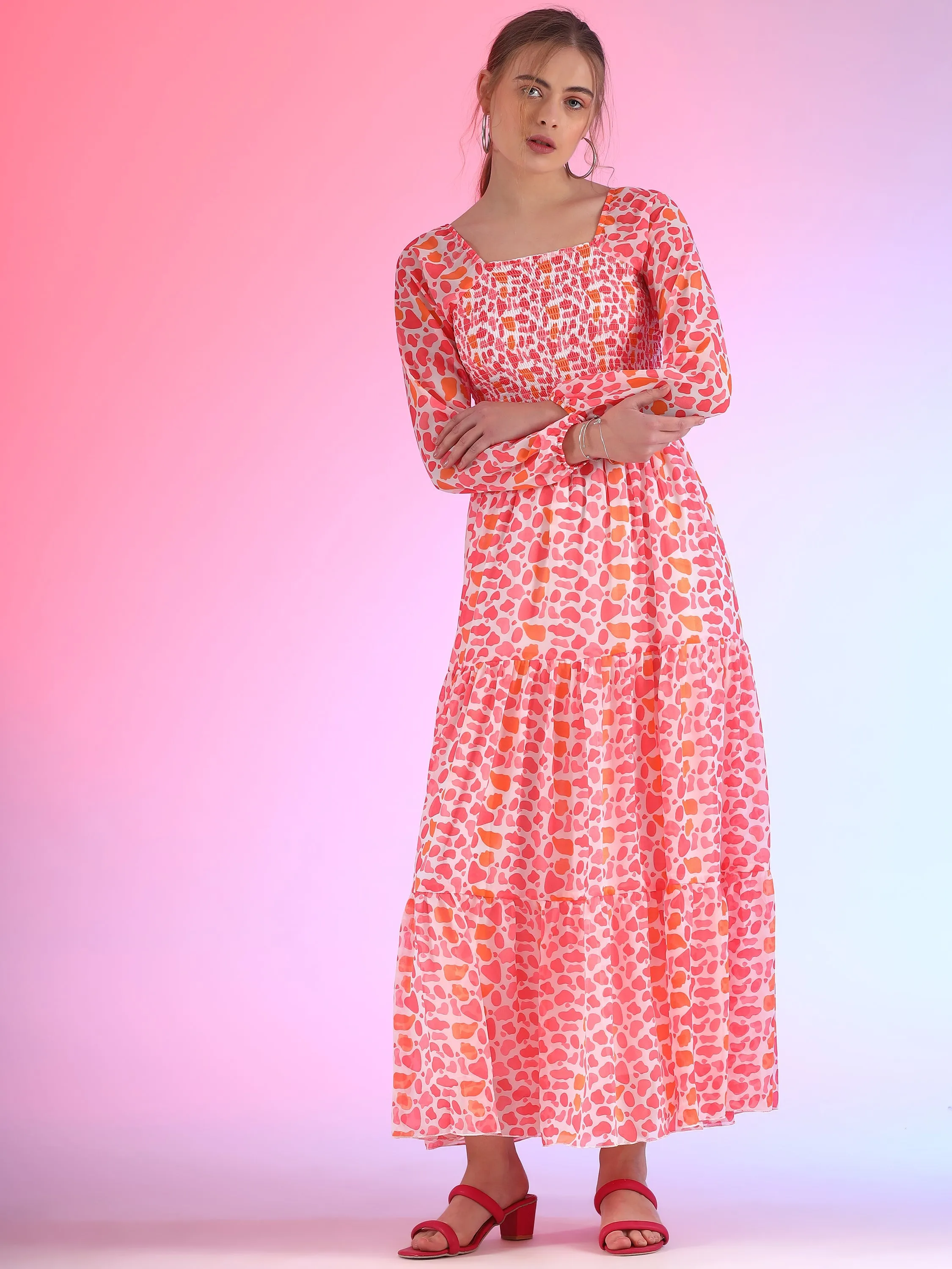 Elegant Floral Printed Georgette Fit and Flare Maxi Dress
