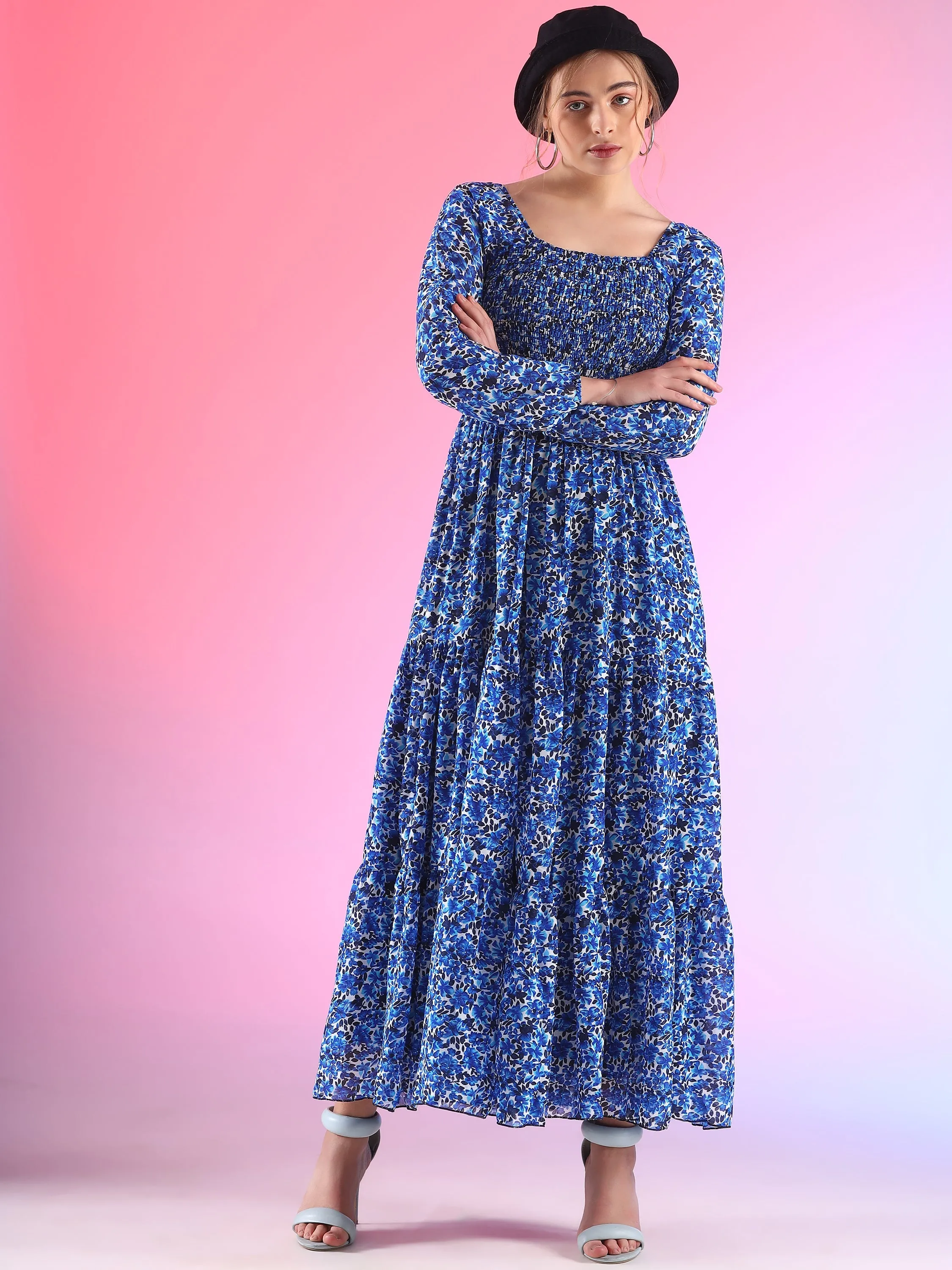 Elegant Floral Printed Georgette Fit and Flare Maxi Dress