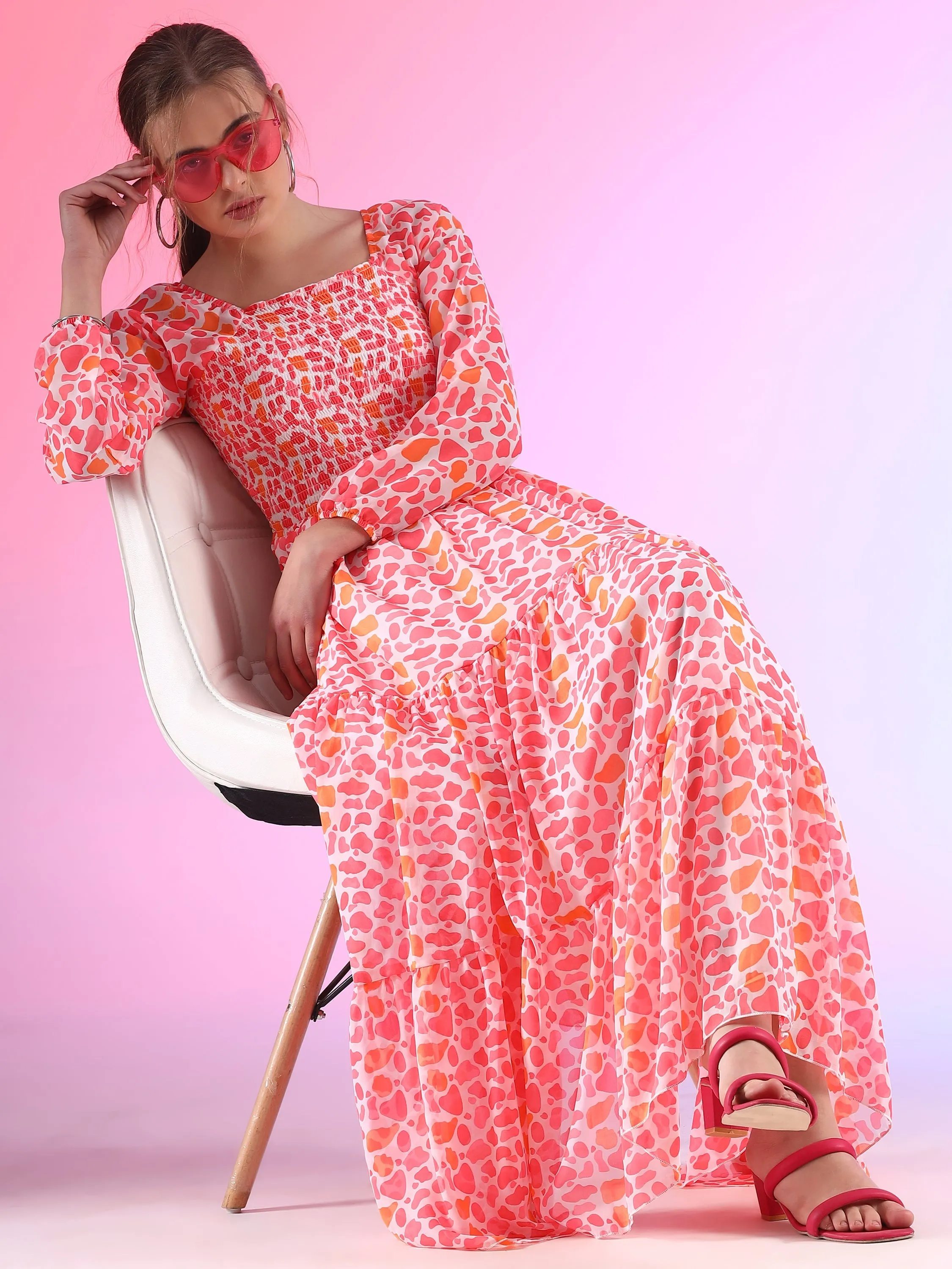 Elegant Floral Printed Georgette Fit and Flare Maxi Dress
