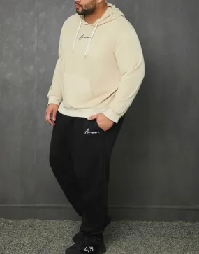 Extended sizes Men Letter Graphic kangaroo pocket drawstring hoodie and sweatpants