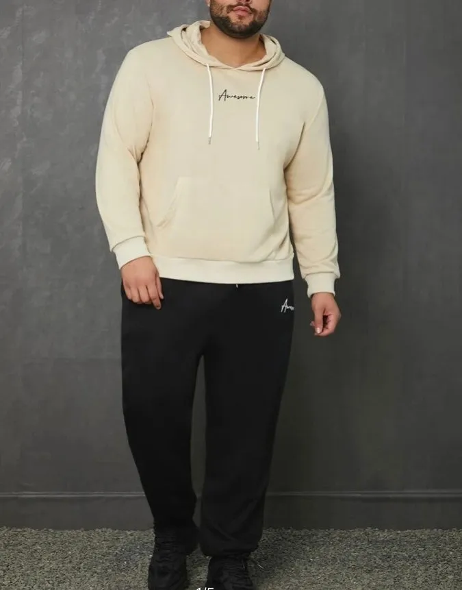 Extended sizes Men Letter Graphic kangaroo pocket drawstring hoodie and sweatpants