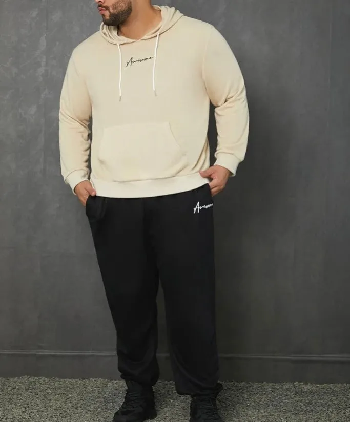 Extended sizes Men Letter Graphic kangaroo pocket drawstring hoodie and sweatpants