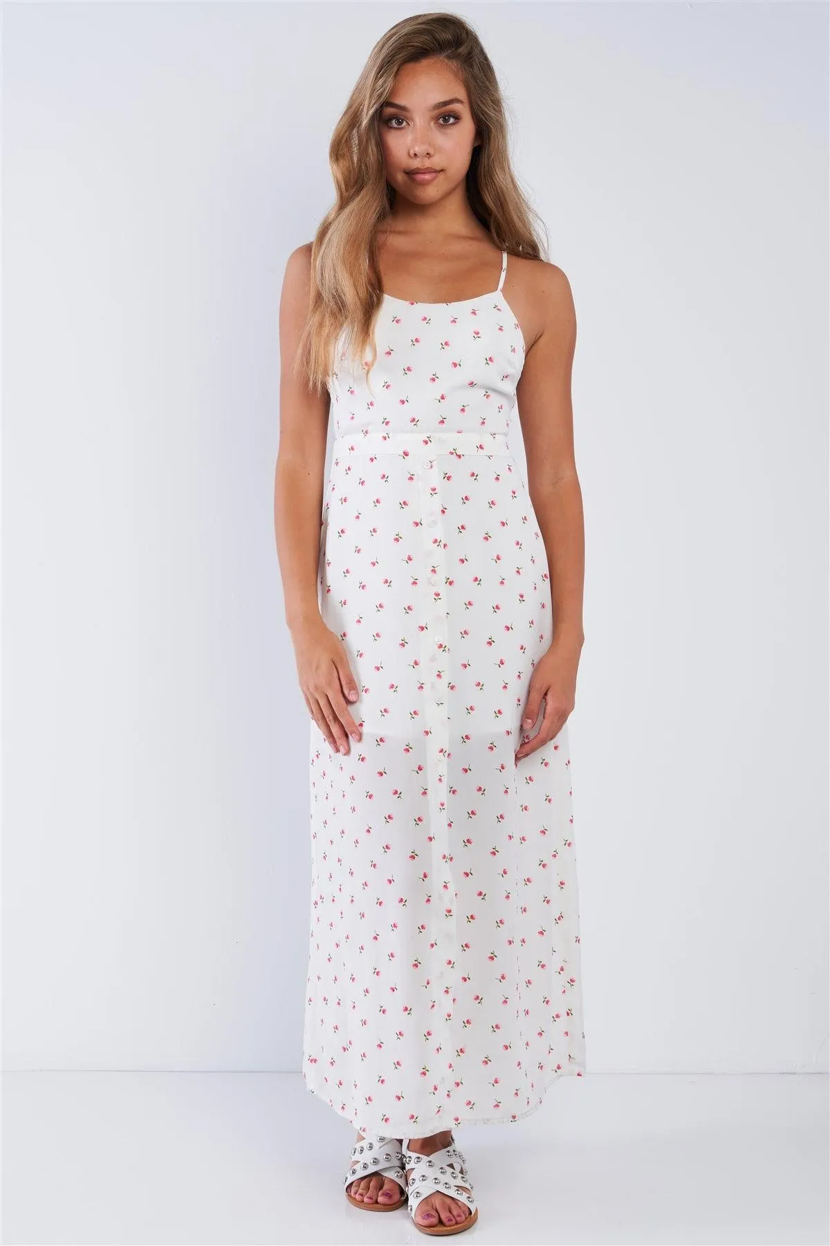 Floral Chiffon Rose Print Cami Strapped Self Tie Maxi Dress