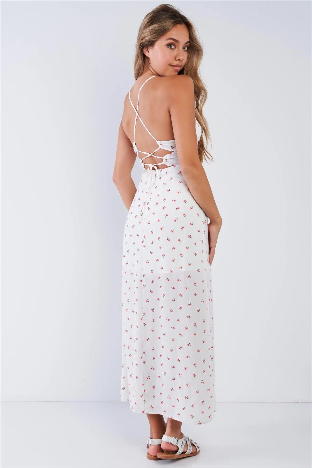 Floral Chiffon Rose Print Cami Strapped Self Tie Maxi Dress