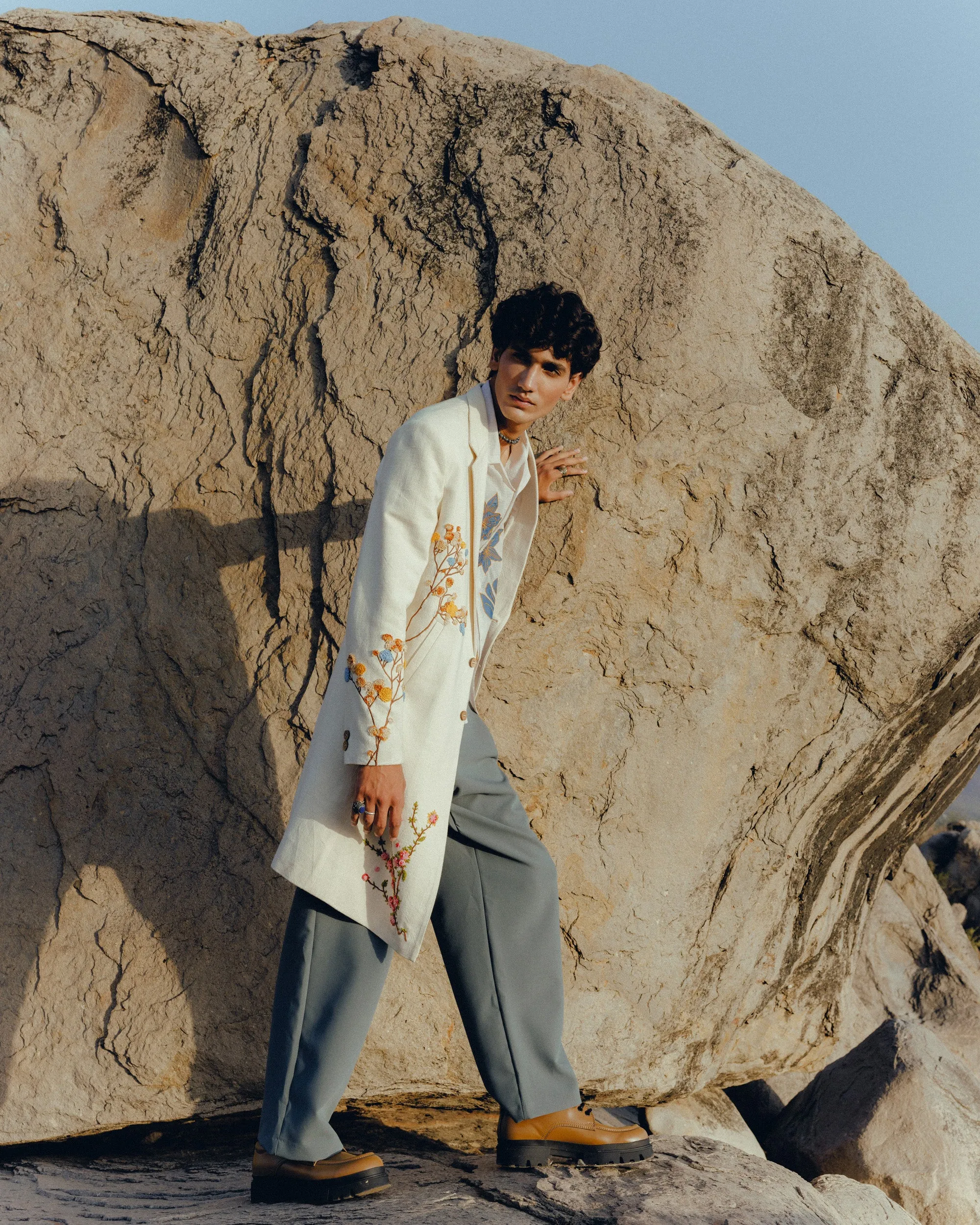 Floral hand embroidered overcoat