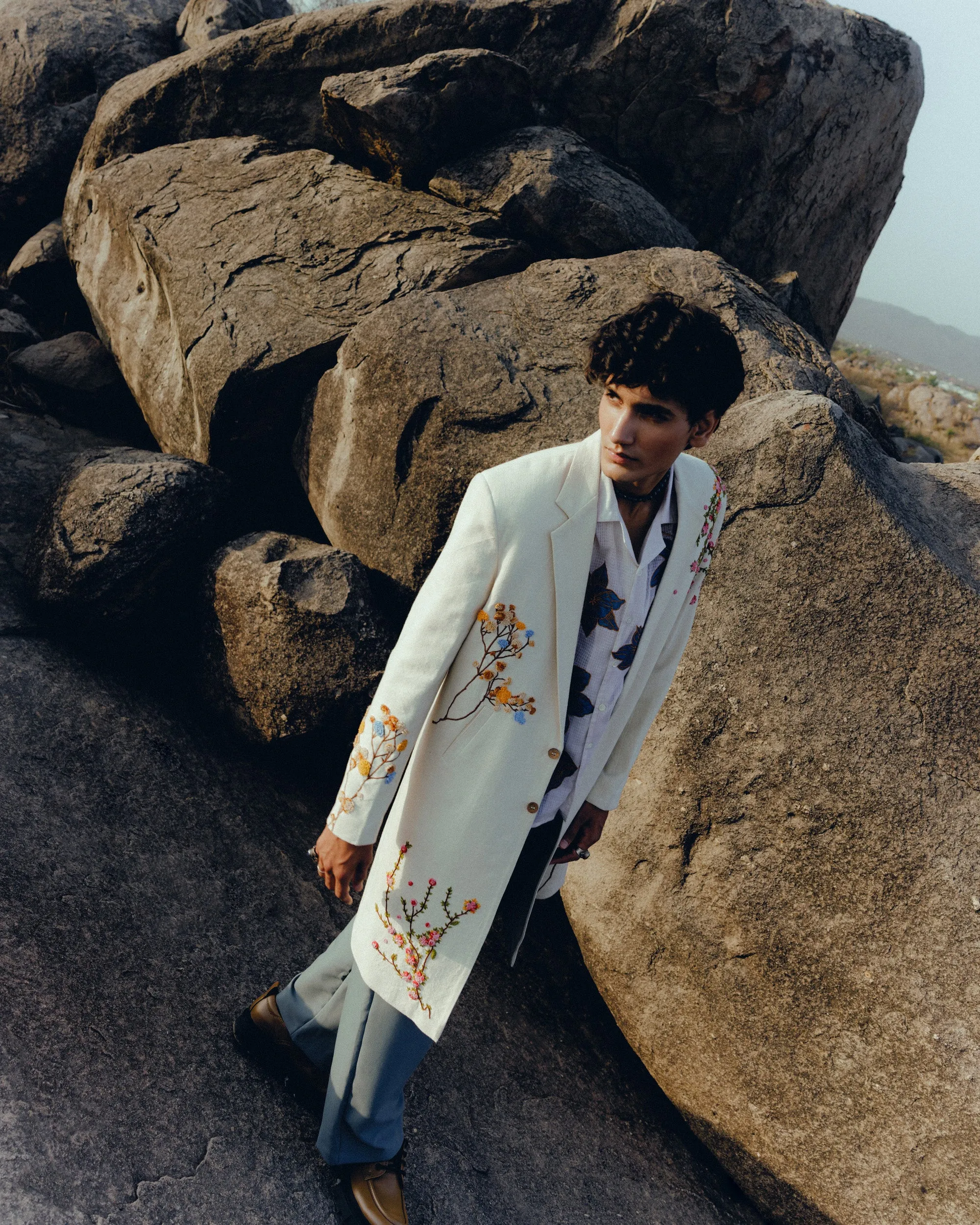Floral hand embroidered overcoat