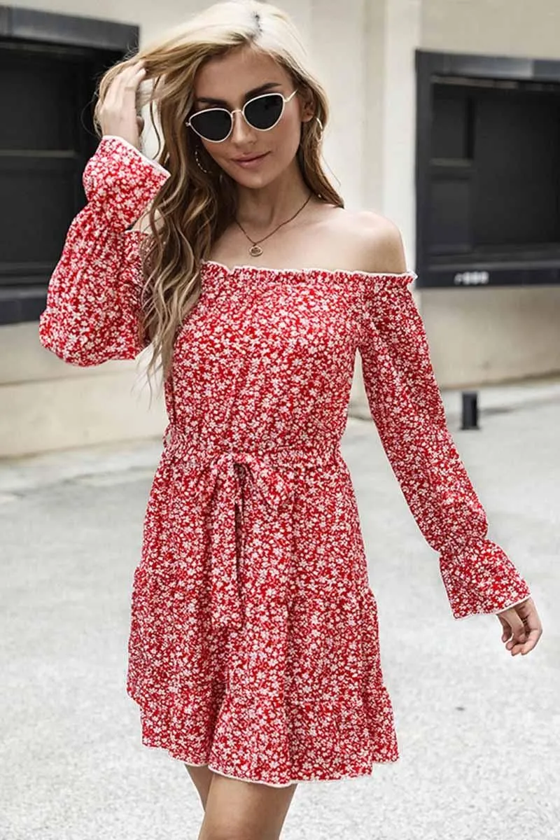 FLORAL STRAP OFF SHOULDER RUFFLE DRESS
