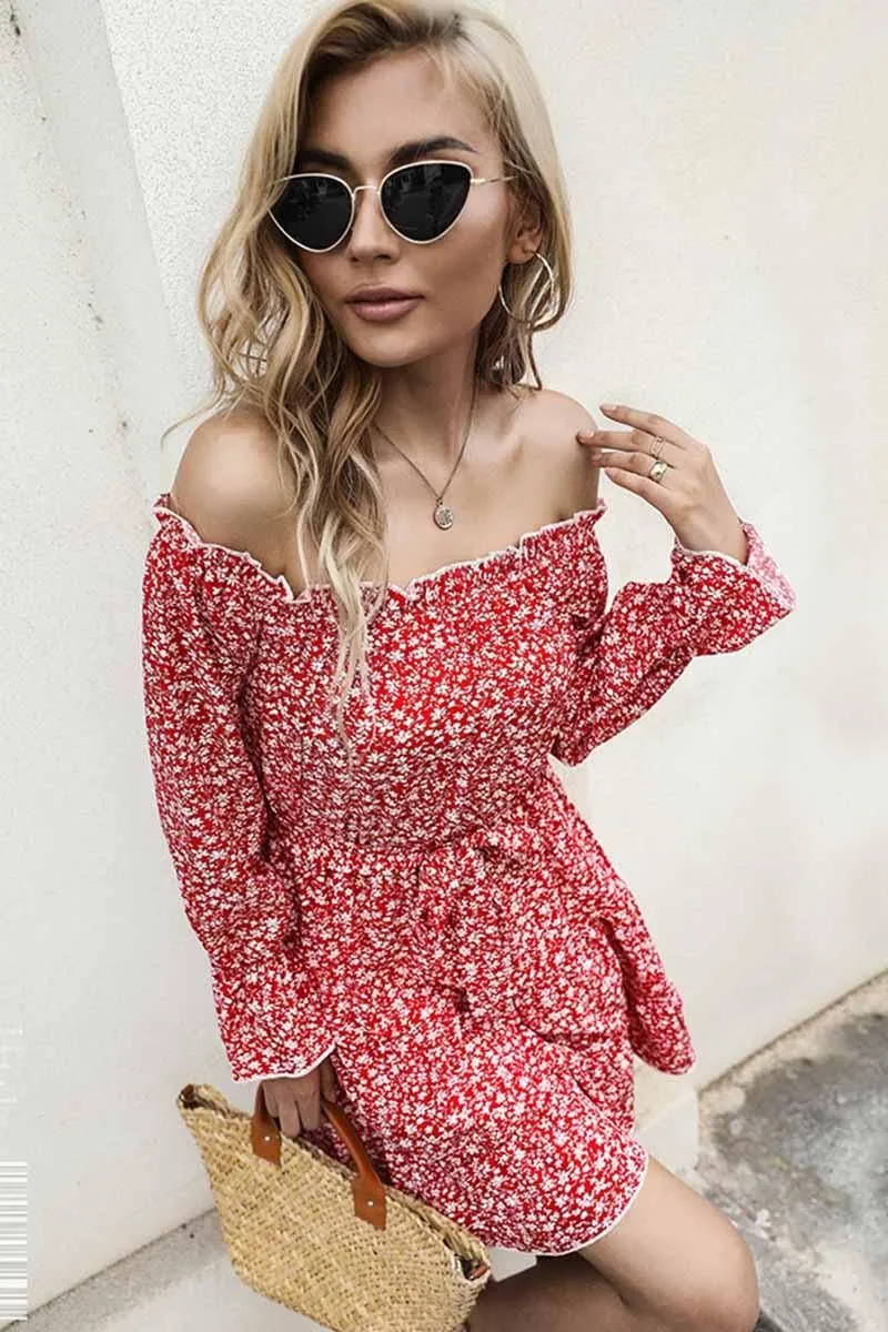 FLORAL STRAP OFF SHOULDER RUFFLE DRESS