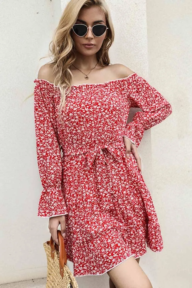 FLORAL STRAP OFF SHOULDER RUFFLE DRESS