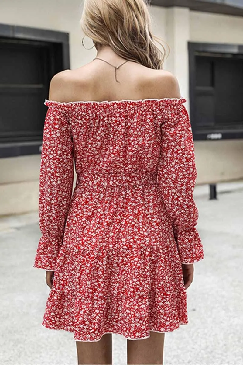 FLORAL STRAP OFF SHOULDER RUFFLE DRESS