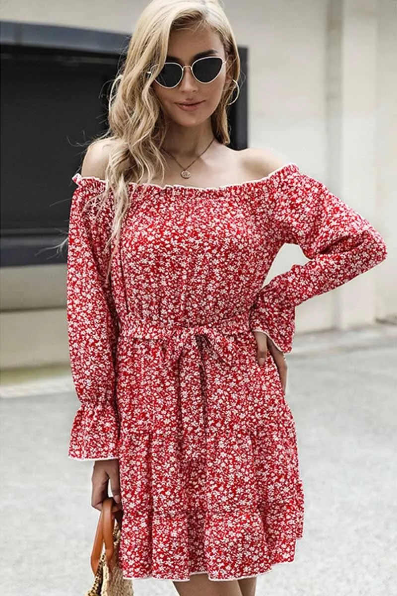 FLORAL STRAP OFF SHOULDER RUFFLE DRESS