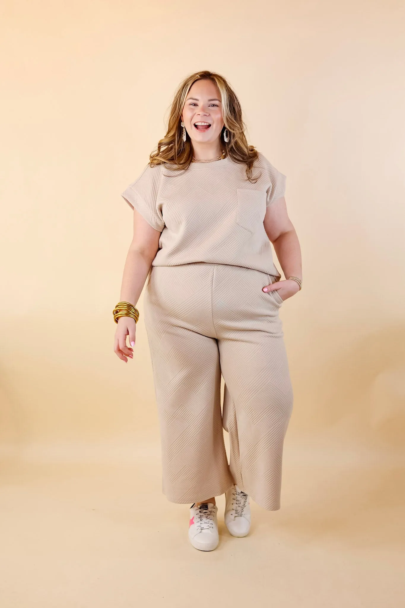 Glamour on the Go Textured Wide Leg Pant in Cream