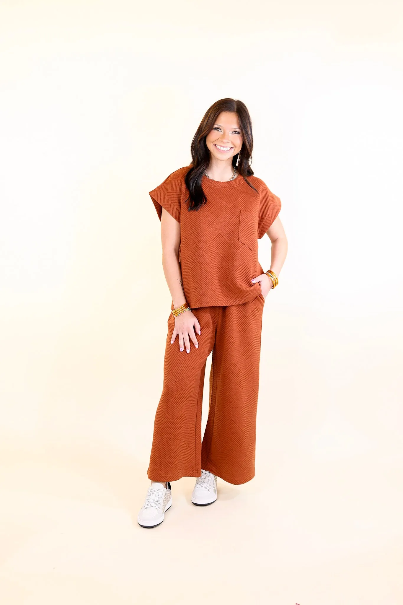 Glamour on the Go Textured Wide Leg Pant in Rust Orange