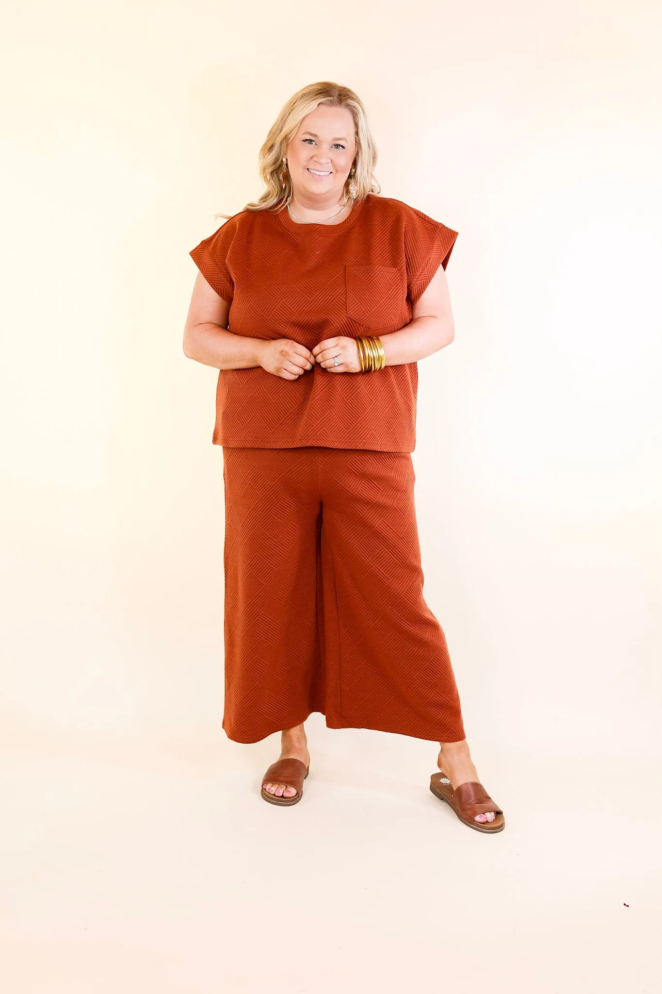 Glamour on the Go Textured Wide Leg Pant in Rust Orange