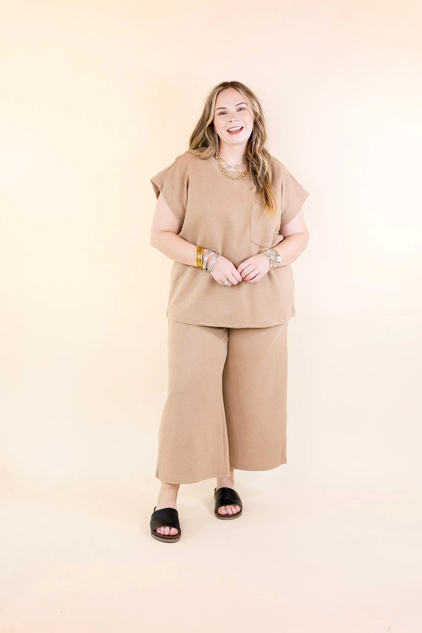 Glamour on the Go Textured Wide Leg Pant in Tan