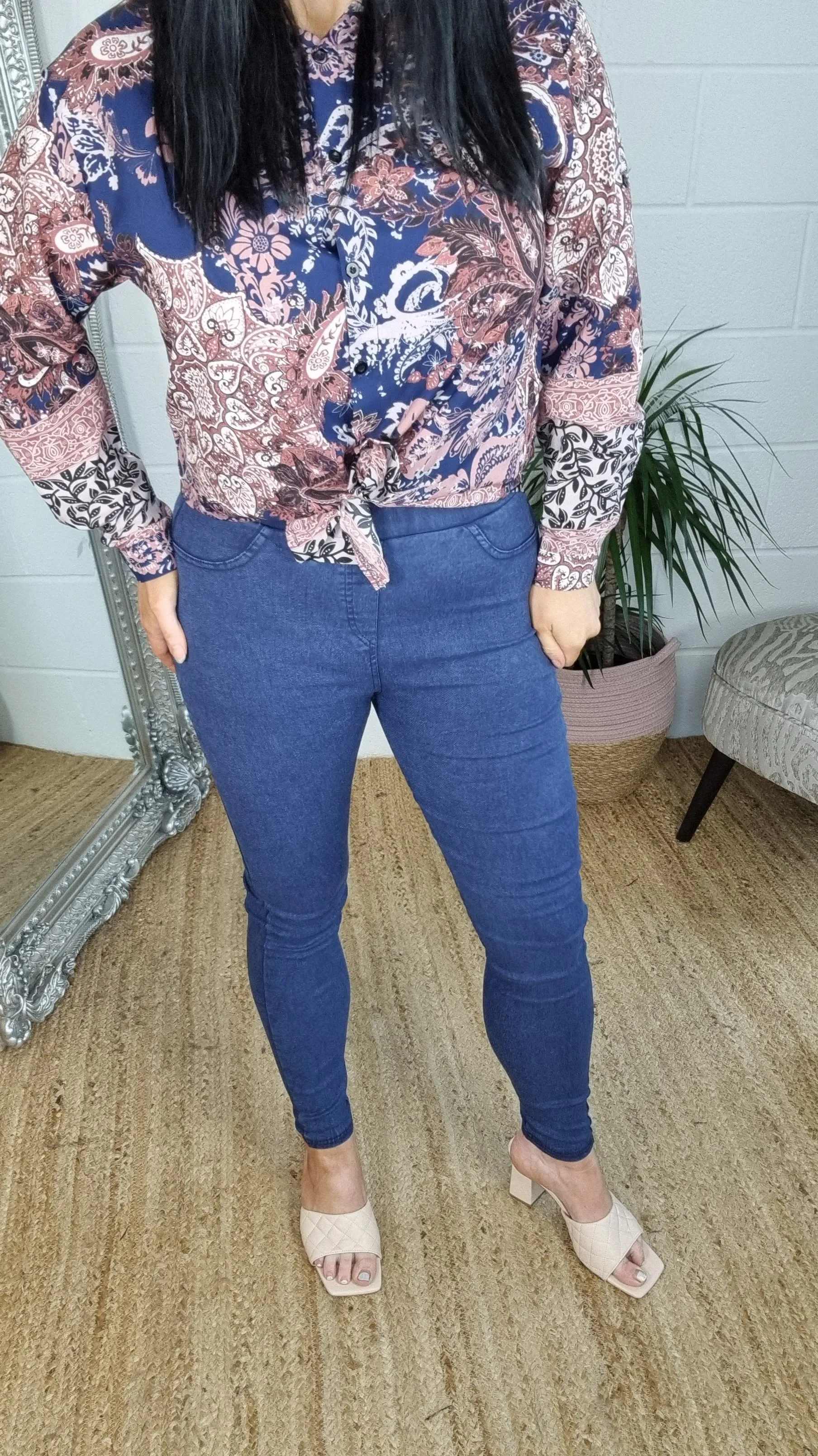 High Waisted Denim Jeggings - Blue