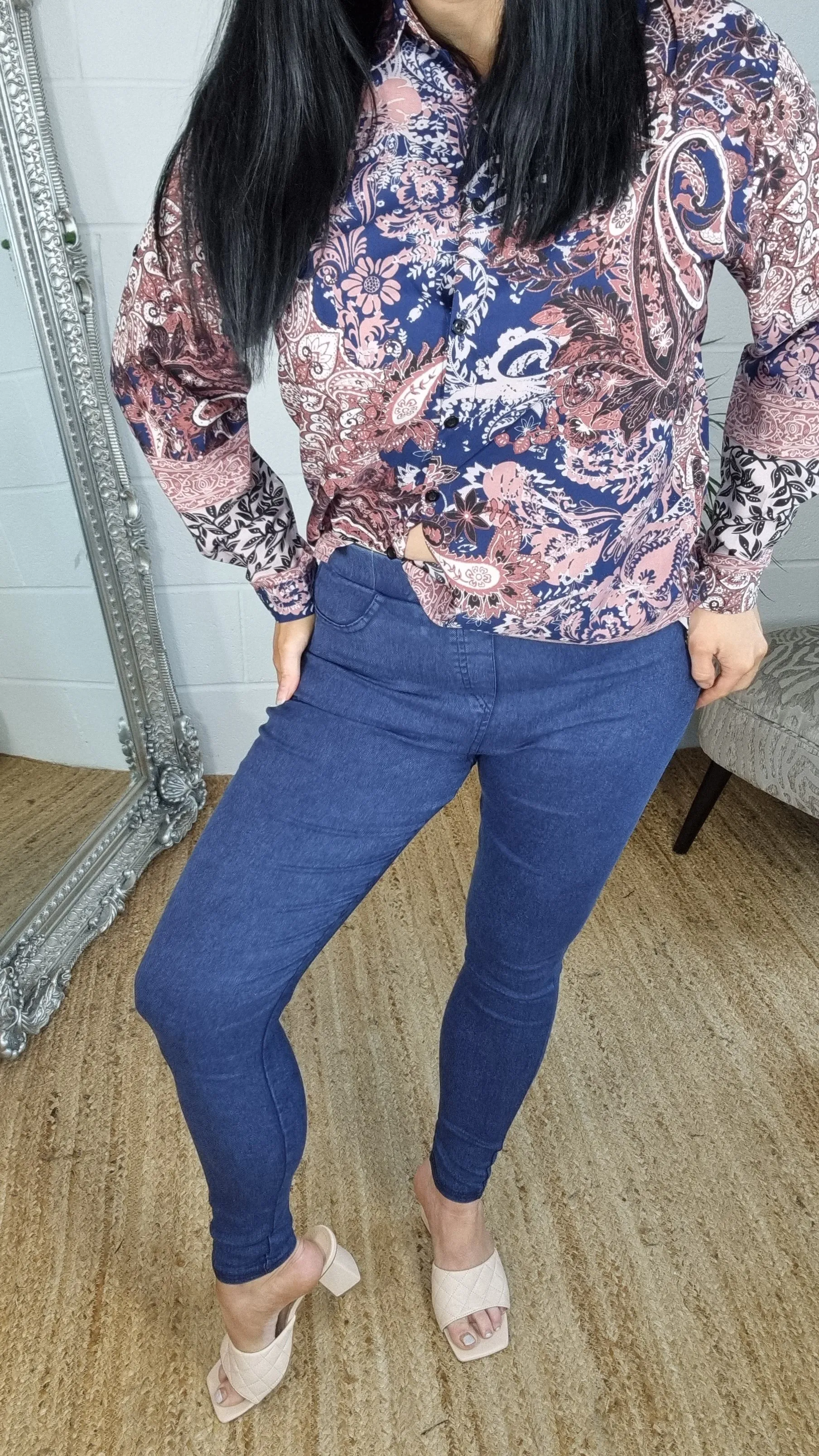 High Waisted Denim Jeggings - Blue
