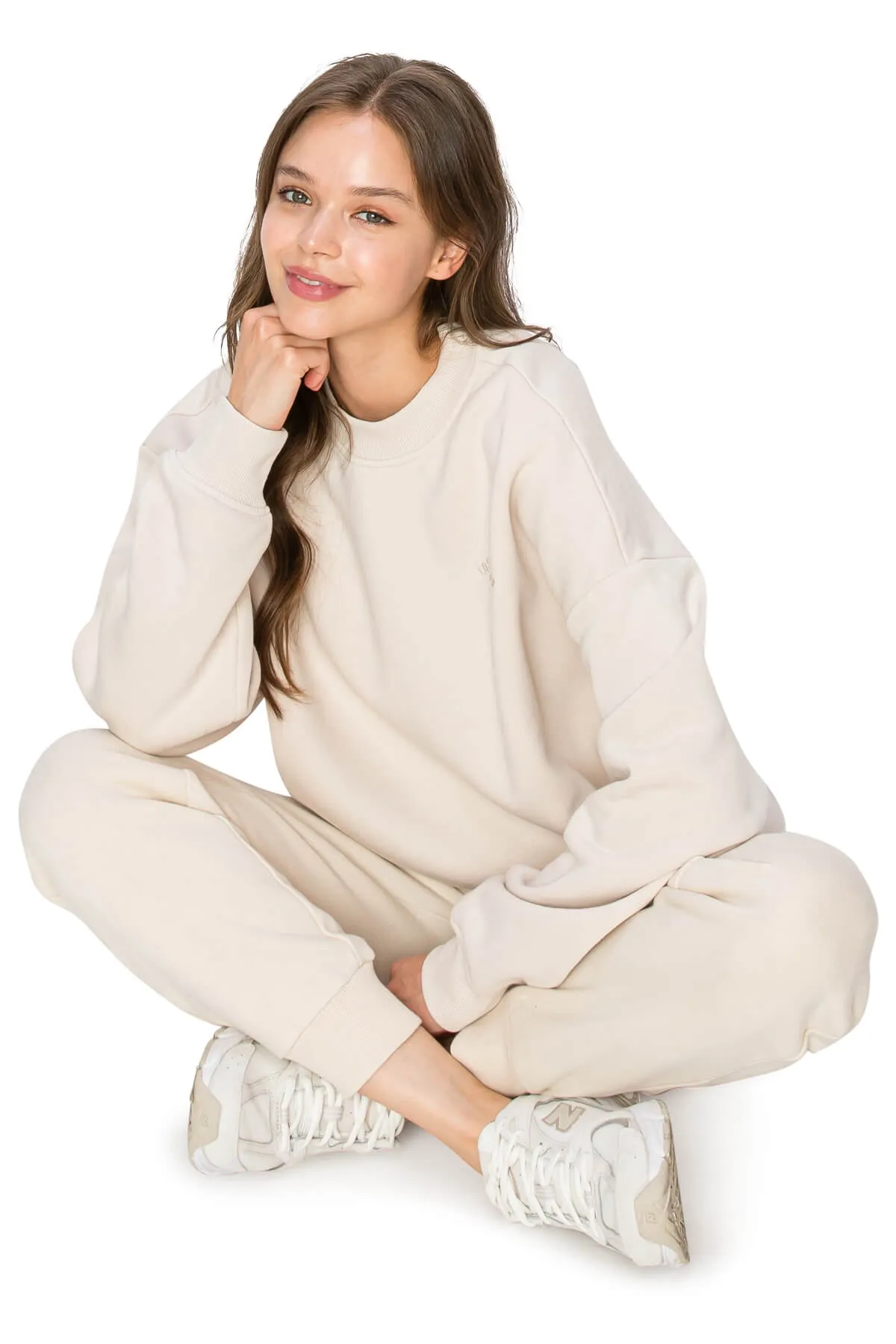 High Waisted Jogger Sweatpants With Los Angeles Embroidery - Oatmeal