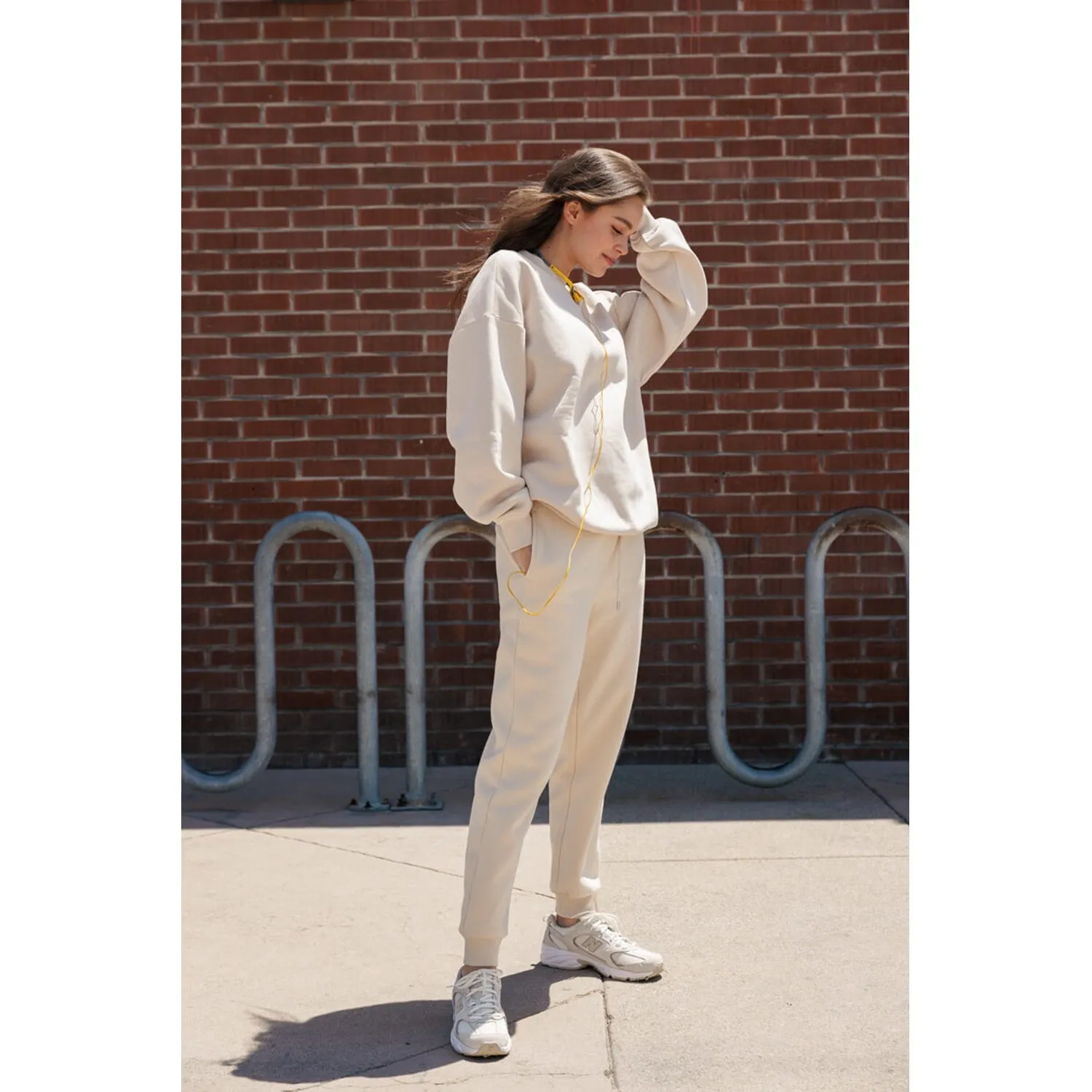 High Waisted Jogger Sweatpants With Los Angeles Embroidery - Oatmeal