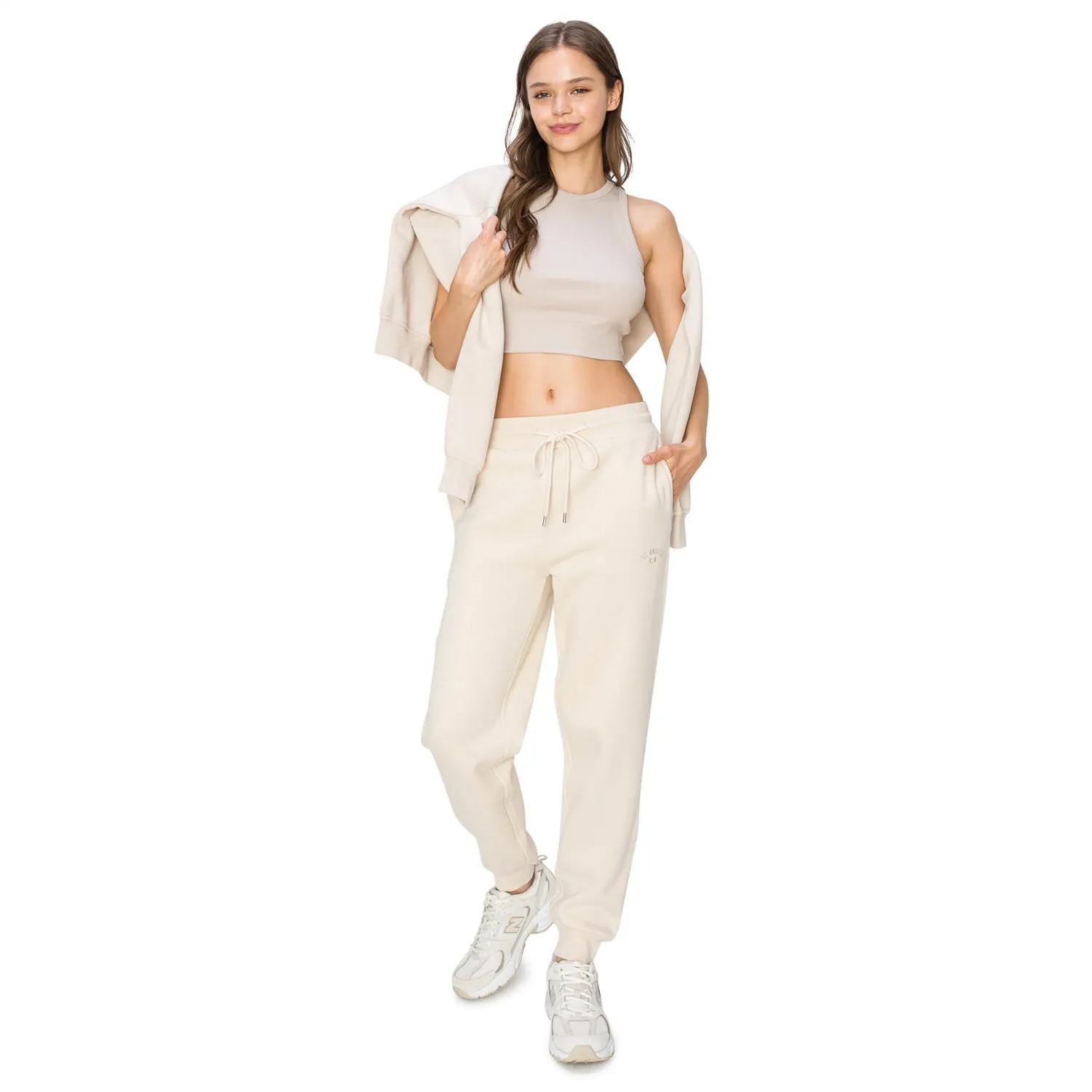 High Waisted Jogger Sweatpants With Los Angeles Embroidery - Oatmeal