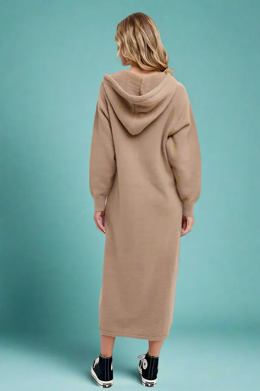 Hoodie Sweater Shift Dress - Brown