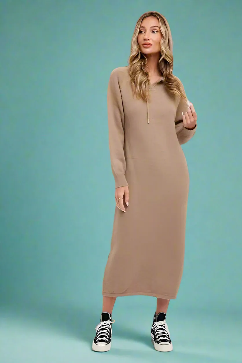 Hoodie Sweater Shift Dress - Brown