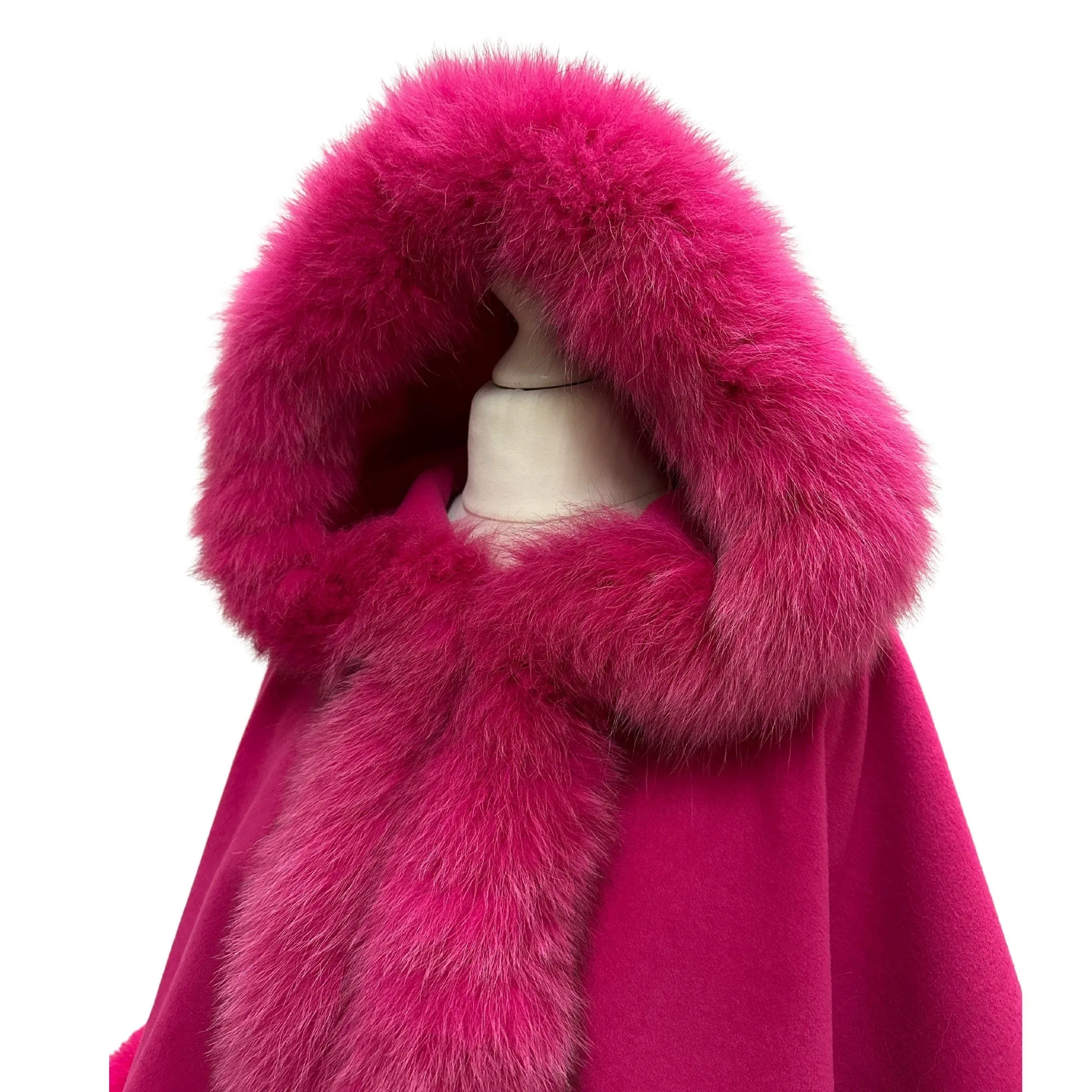 Hot Pink Women Winter Coat Cape Trim Fox Fur, Winter Women's Poncho Jacket lined, Warm Women's coat with a hood