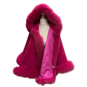 Hot Pink Women Winter Coat Cape Trim Fox Fur, Winter Women's Poncho Jacket lined, Warm Women's coat with a hood
