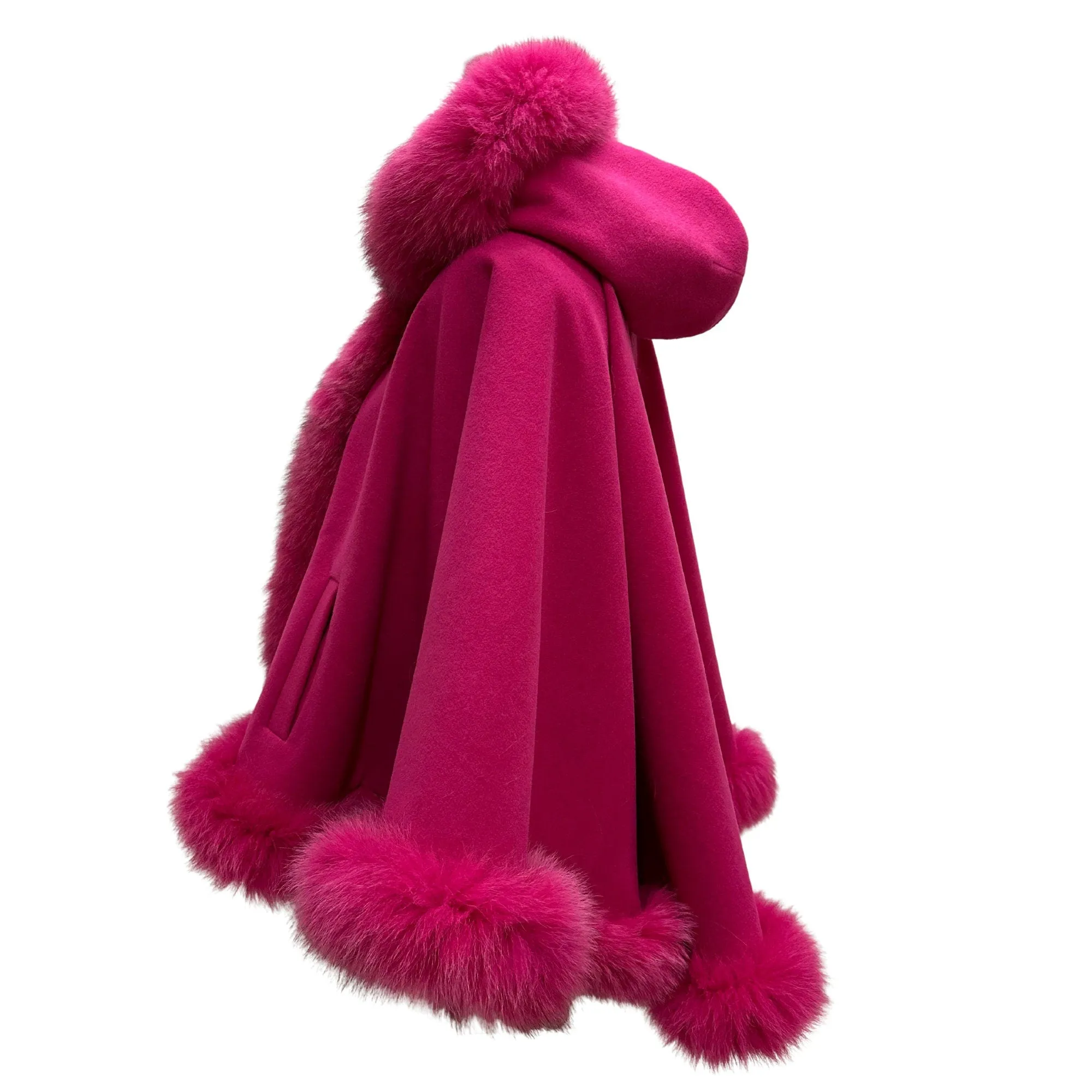 Hot Pink Women Winter Coat Cape Trim Fox Fur, Winter Women's Poncho Jacket lined, Warm Women's coat with a hood