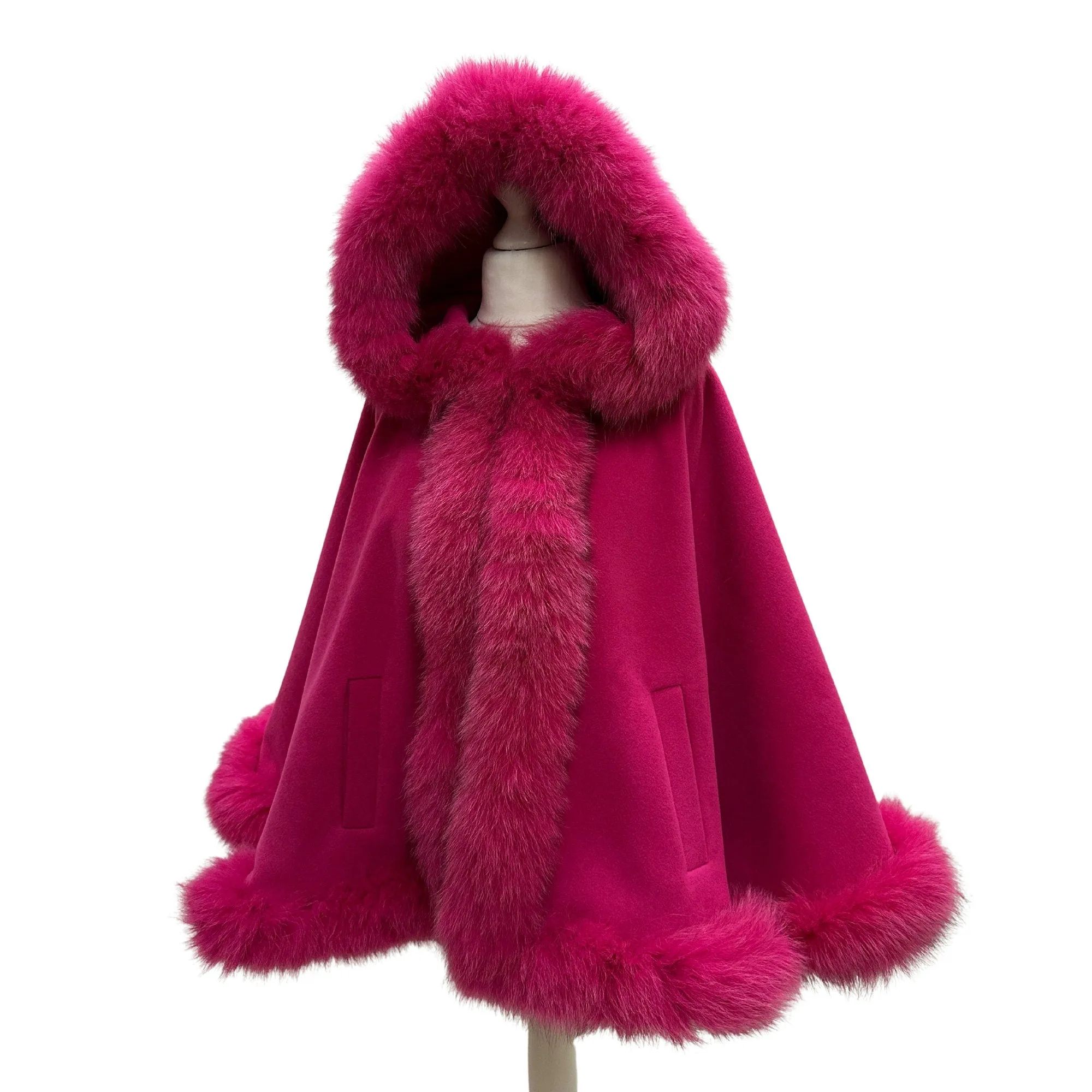 Hot Pink Women Winter Coat Cape Trim Fox Fur, Winter Women's Poncho Jacket lined, Warm Women's coat with a hood