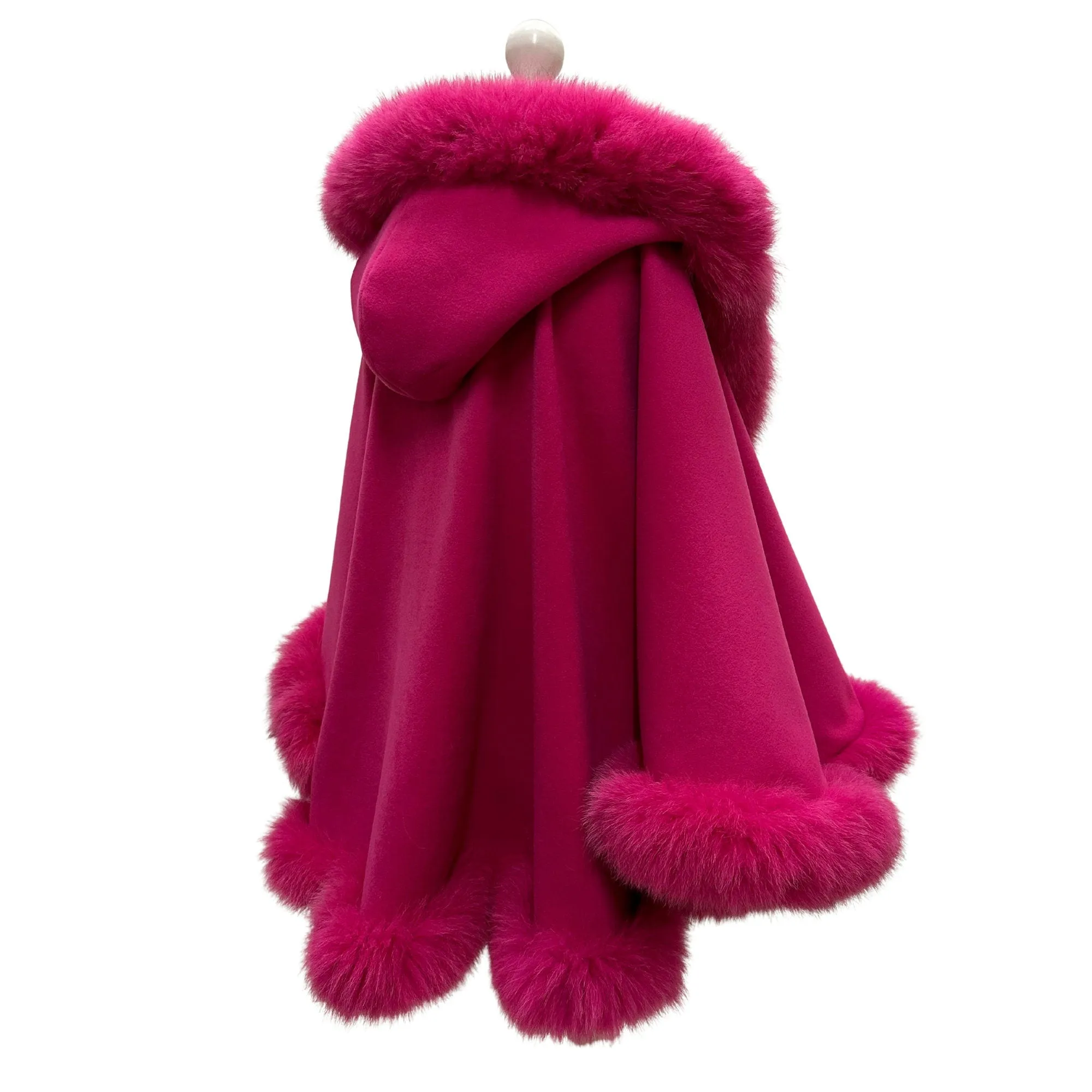 Hot Pink Women Winter Coat Cape Trim Fox Fur, Winter Women's Poncho Jacket lined, Warm Women's coat with a hood