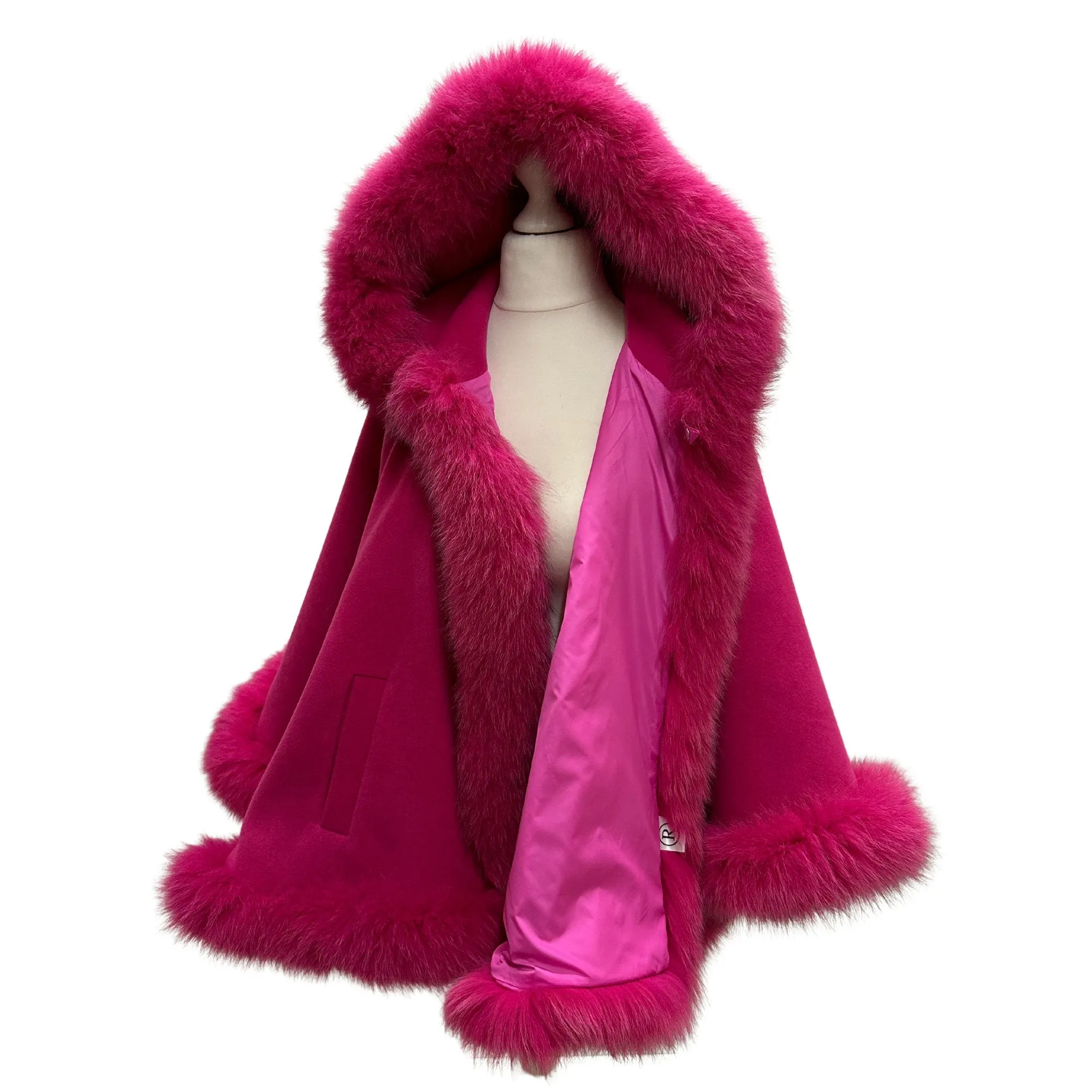 Hot Pink Women Winter Coat Cape Trim Fox Fur, Winter Women's Poncho Jacket lined, Warm Women's coat with a hood