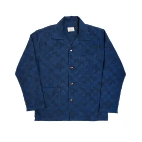 INDIGO DYED FLORAL JACQUARD CAMP COLLAR L/S SHIRT