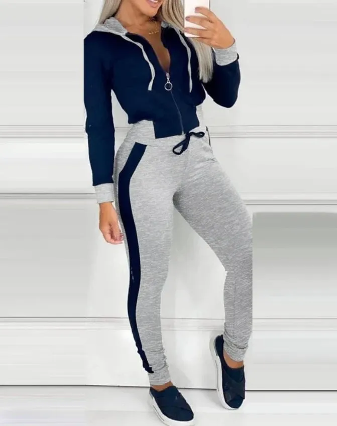 Joskaa Elegant 2-Piece Sets Women 2024 Sporty Chic Track Pants Autumn Color Blocked Zipper Hooded Sweatshirt Drawstring Sweatpants Set