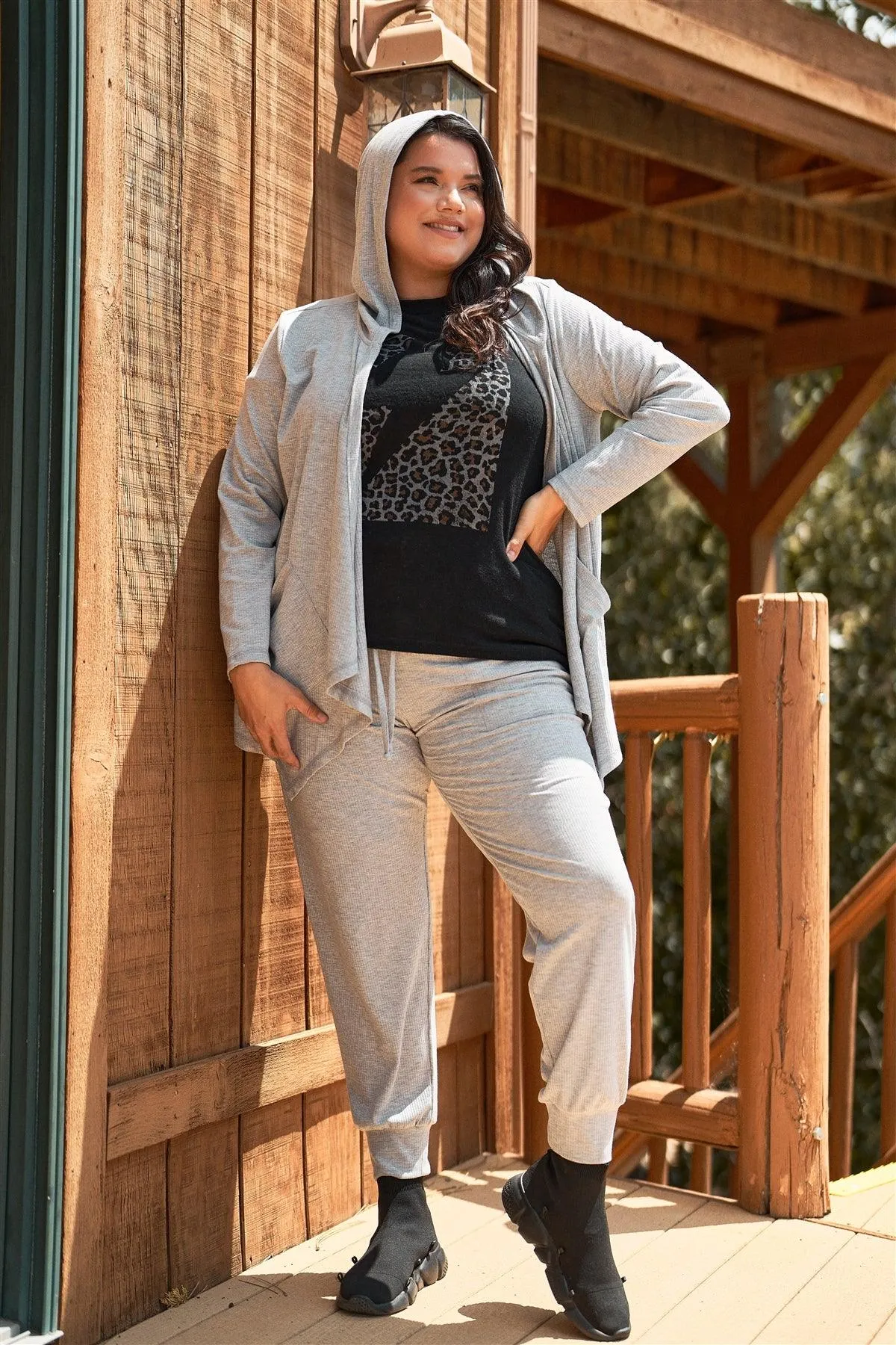 Junior Plus Heather-Grey Ribbed Long Sleeve Open Front Hooded Top & High-Waisted Sweatpants Two Piece Set /3-2-1