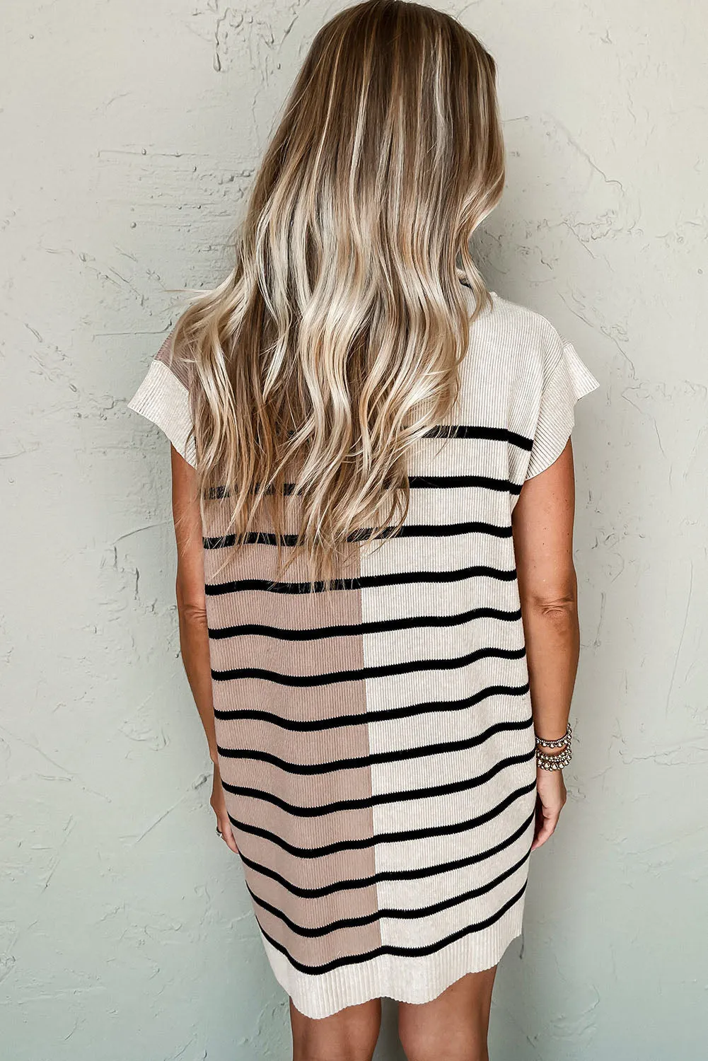 Khaki Stripe Color Block Quarter Zip Collar Short Sleeve Sweater Dress