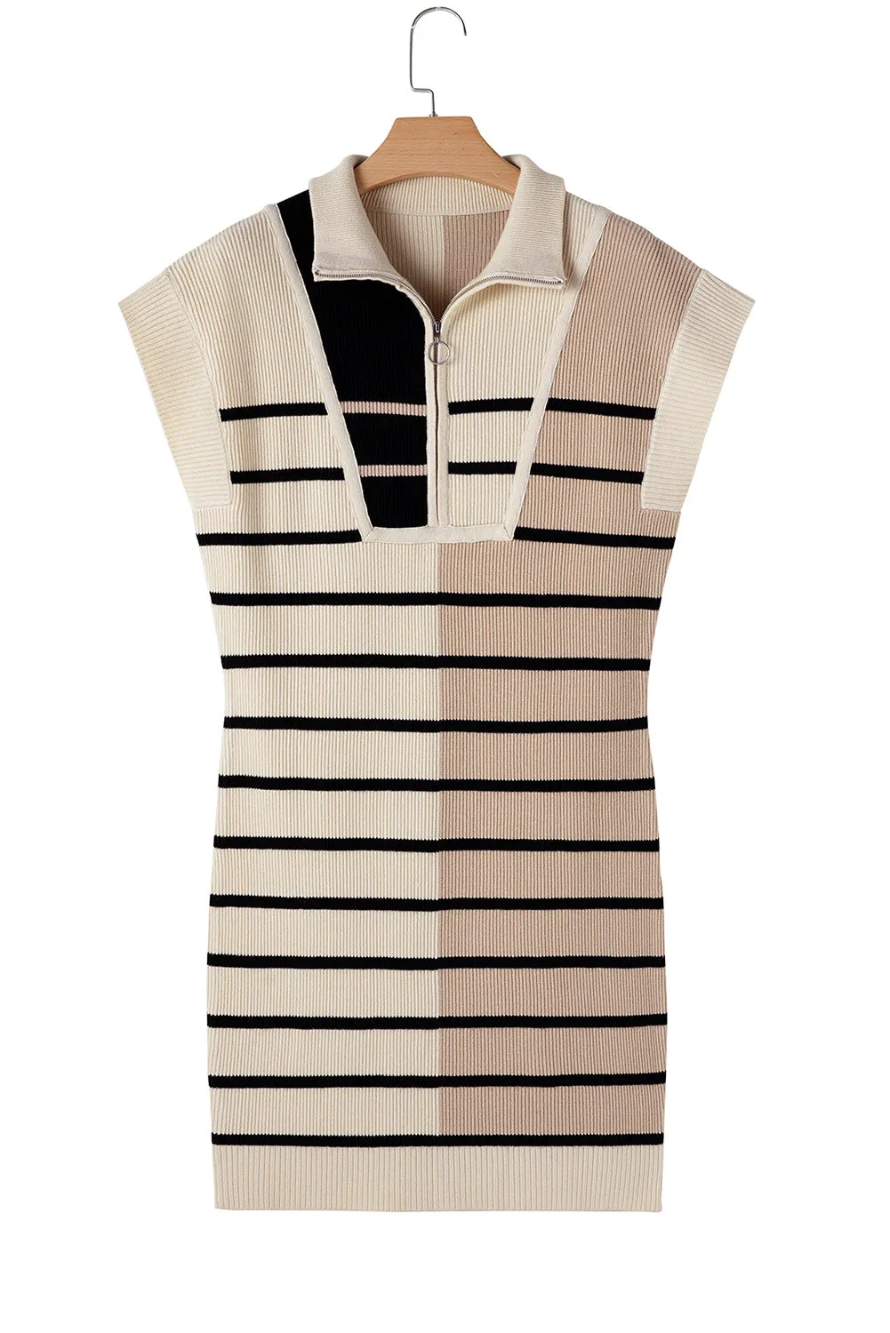 Khaki Stripe Color Block Quarter Zip Collar Short Sleeve Sweater Dress
