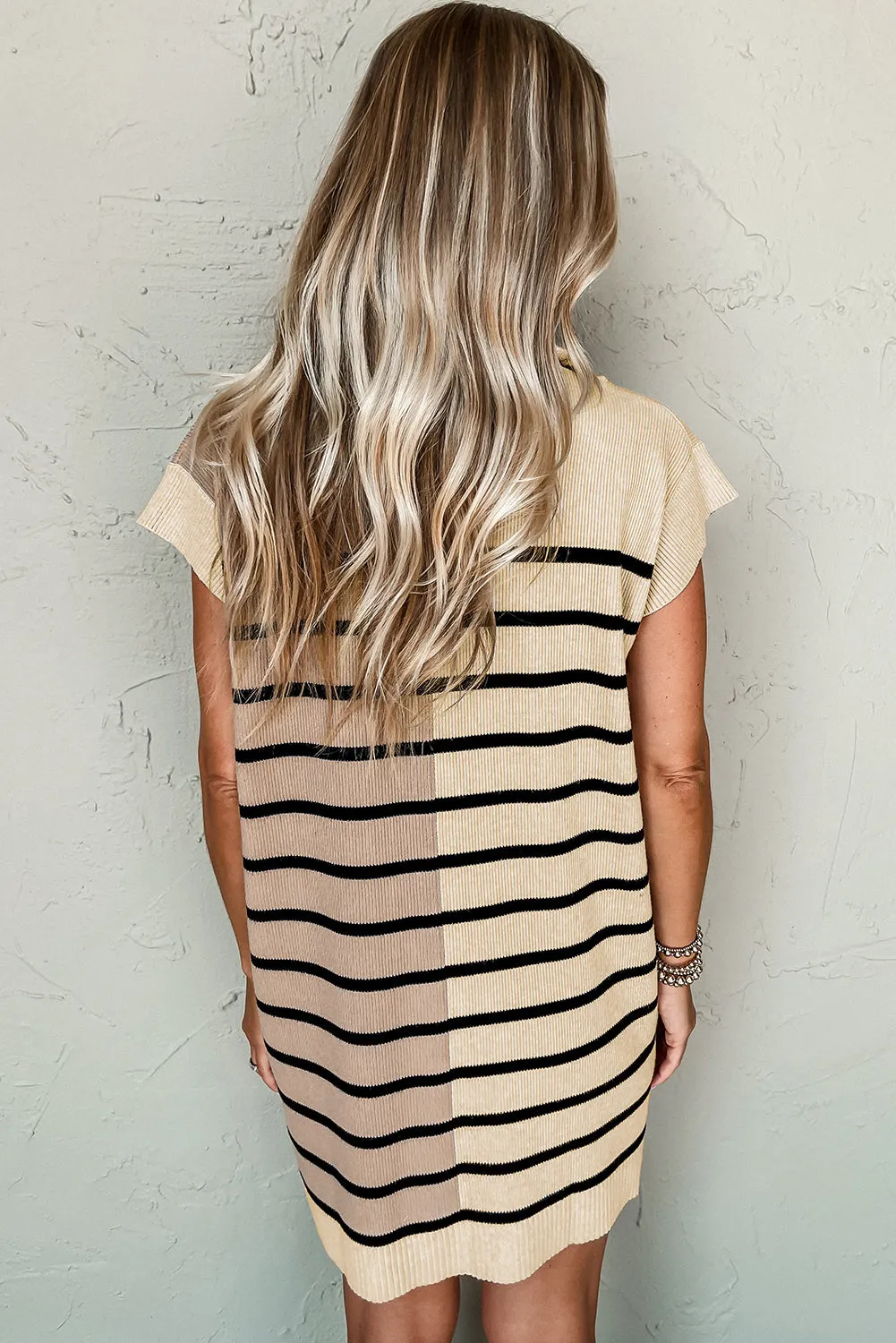 Khaki Stripe Color Block Quarter Zip Collar Short Sleeve Sweater Dress