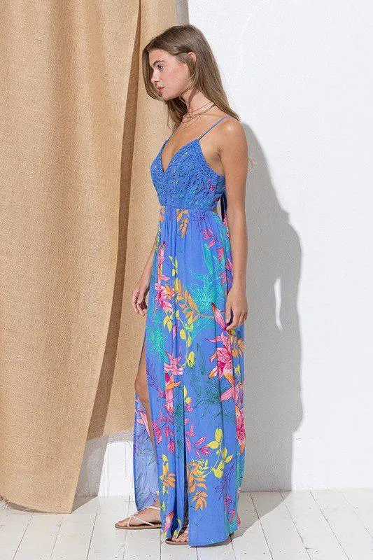 Laced Slit Floral Print Maxi Dress