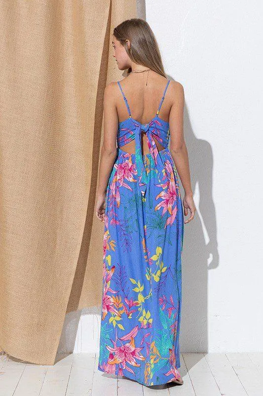 Laced Slit Floral Print Maxi Dress